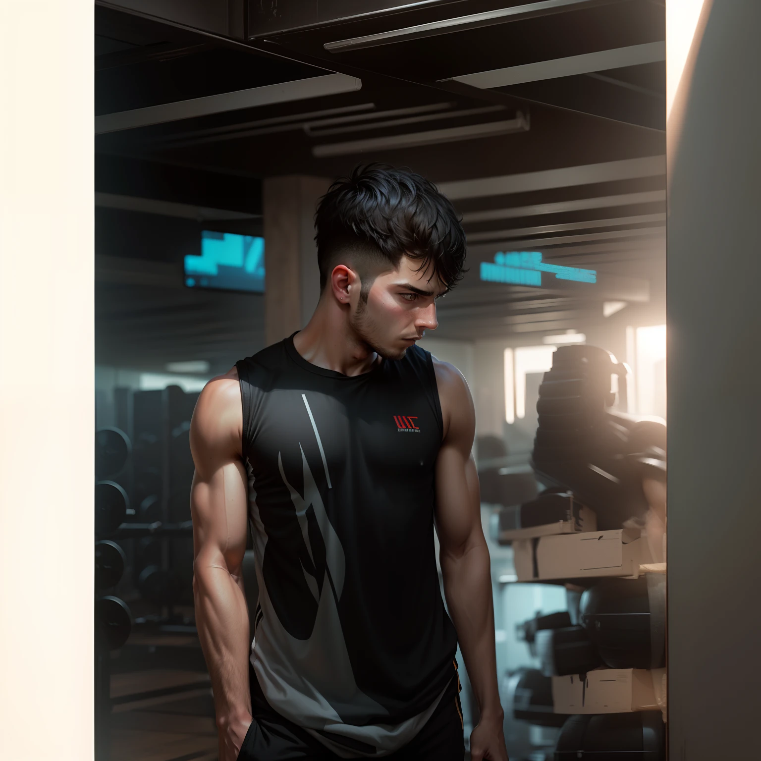 Change background cyberpunk realistic face handsome boy athlete body realistic in black sports t shirt boy stand in front of gym