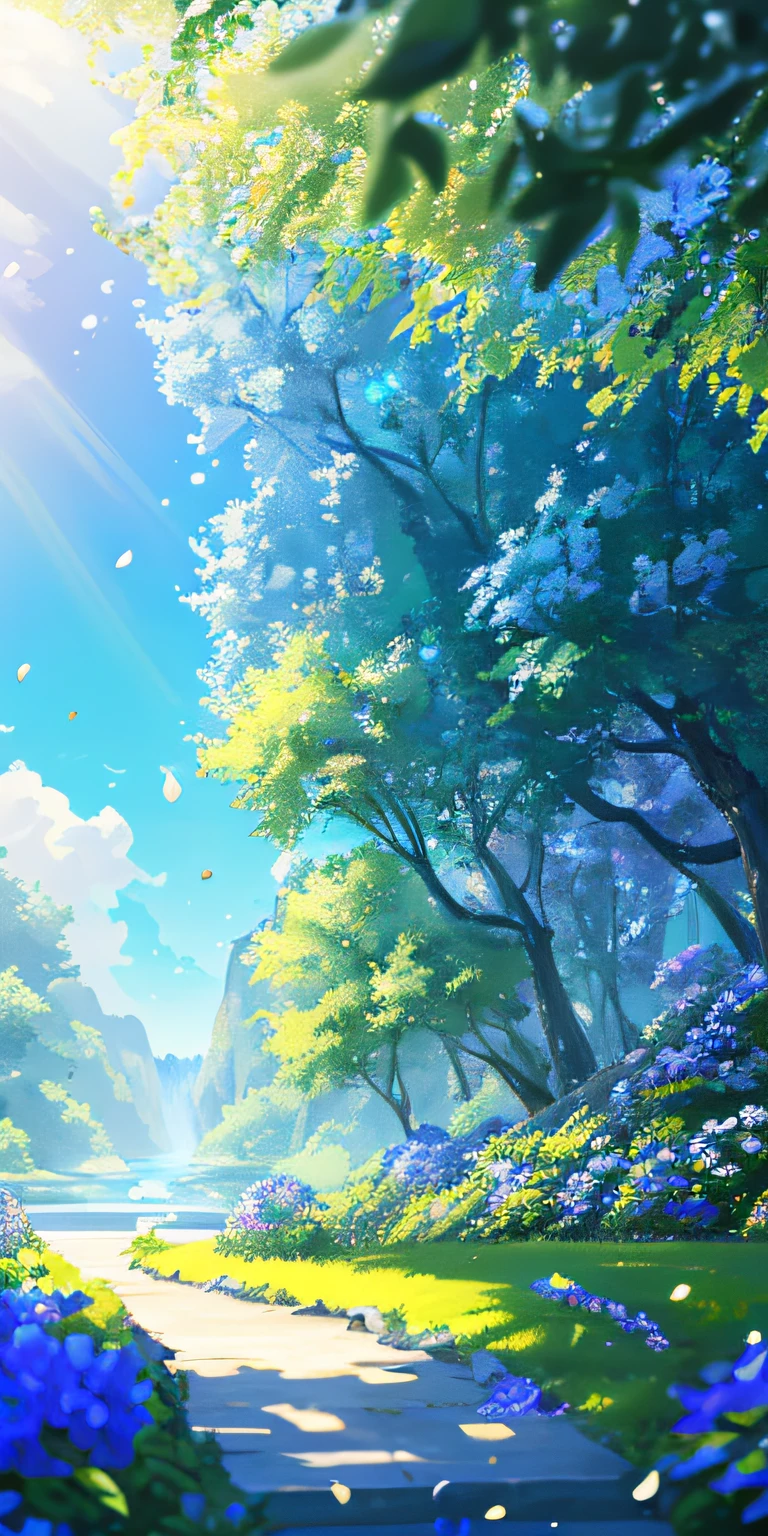 Masterpiece, best quality, (very detailed CG unity 8k wallpaper) (best quality), (best illustration), (best shadows) Nature', blue sea,delicate leaves petals of various colors falling in the air light Tracking, super detailed --v6
