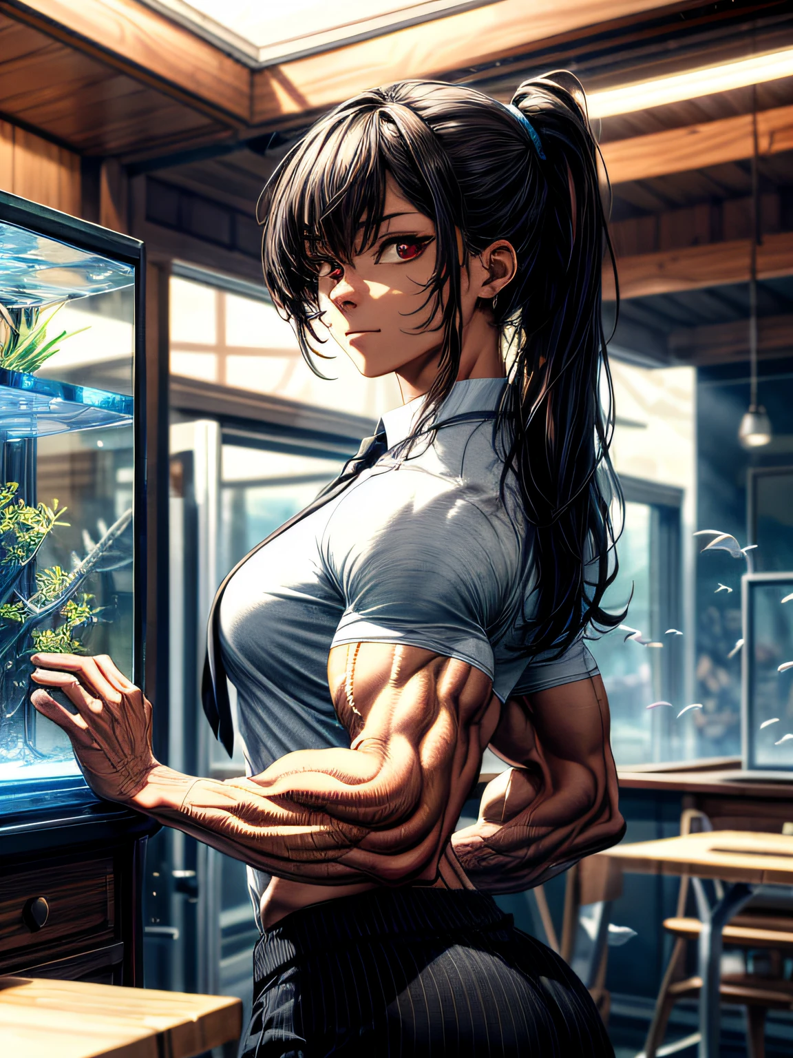 (best lighting) , (super-complex details) , 4K unified, (super-detailed CG: 1.2) , (8K: 1.2),(original), (masterpiece) , (best quality),(Masterpiece:1.4),Anime-ish high quality,(masterpiece),masterpiece, best quality, absurdres,((Masterpeace, 4k, 8k, highres)),(masterpiece), (best quality), (ultra-detailed), (an extremely delicate and beautiful), ((cowboy shot)), 1 woman, Yoru, beautiful face, detailed face, red eyes, scar on the cheek, long hair, black hair, school uniform, white shirt, black tie, dynamic pose, looking at viewer, on a aquarium, fish tank behind her, algae, marine life, blurred bottom, female focus, depth of field, full HD, high definition, high resolution



, ((body builder:1.5)),temple background,(beautiful bace),(girl),(female),(((upper body:1))),from front