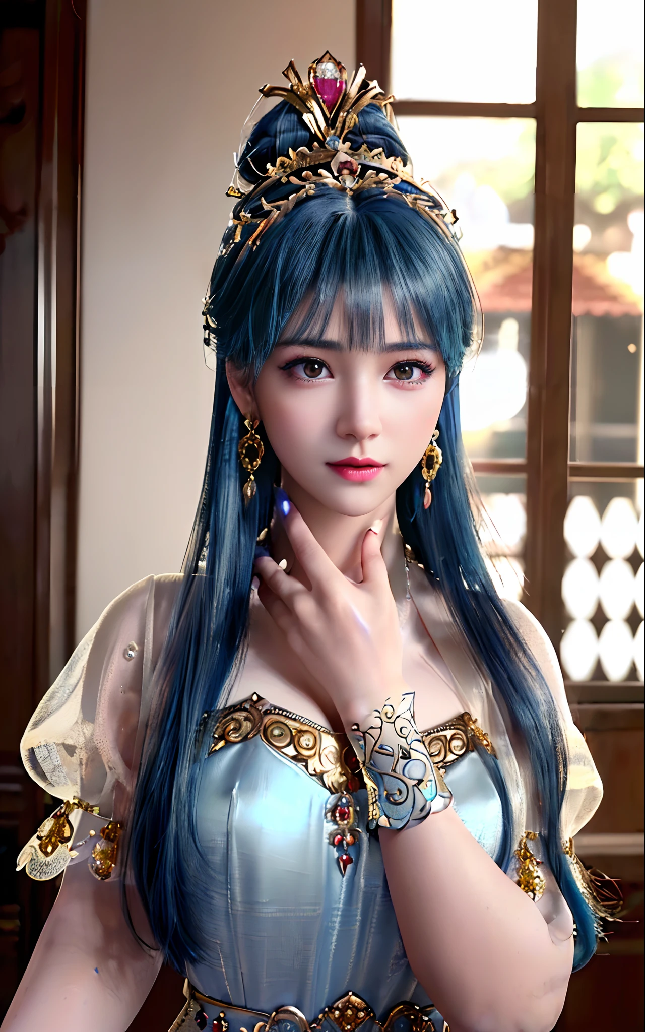 ((realisticity: 1.2)), ((best resolution: 8K UHD)), best quality,masterpiece,highres,cg,
((1 super detailed and super realistic girl)), ((very beautiful queen dazzling, super realistic, and super detailed)),((white skin, beautiful, smooth, youthful, super realistic and super detailed
)), long hair, ((super realistic and super detailed dress)), solo, ((super realistic, super beautiful, gorgeous and super detailed jewelry)), ((super beautiful, super realistic and super detailed dark red and golden yellow dress)),
((super beautiful, super realistic, super detailed diamond filled earrings)),
((super beautiful, super realistic and super detailed diamond filled hair ornament)), ((super beautiful upper body, super beautiful, super realistic and super detailed)), ((big breasts: 2.5)),
((super grand, super realistic and super detailed royal palace backgroun))
((super beautiful, super beautiful, super realistic and super detailed hair bun)), ((super beautiful, super realistic and super detailed blue hair)),
candid, Photograph, high resolution, 8k,Bokeh,