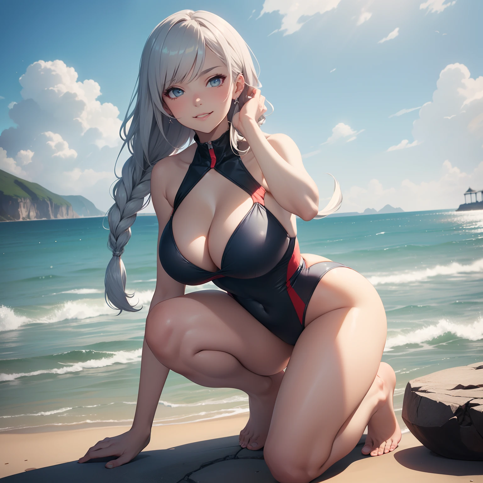 (masterpiece, best quality), hyperrealistic, cinematic, anime girl, (flowy kimono with a one-piece swimsuit, the flowy kimono adds movement and elegance, while the one-piece swimsuit provides comfort and style.:1.2), ((seaside background:1.4)), 1 girl, ((silver hair:1.5)), ((side-swept fishtail braid:1.5)), ((full-body shot:1.3)), head to toe visibility, perfect anatomy, curvaceous body, alluring, long round legs, extra large cleavage, massive breasts, bouncy breasts, perfect eyes, perfect hands, anime girl is crouching elegantly, the model's body language should exude confidence and grace, (a serene and content smile and slightly parted lips:1.2), capturing a sense of relaxation and appreciation for the seaside setting, extremely detailed Artgem, ig model, artgem, alena aenami and artgem, krenz cushart and artgem, artgem and atey ghailan