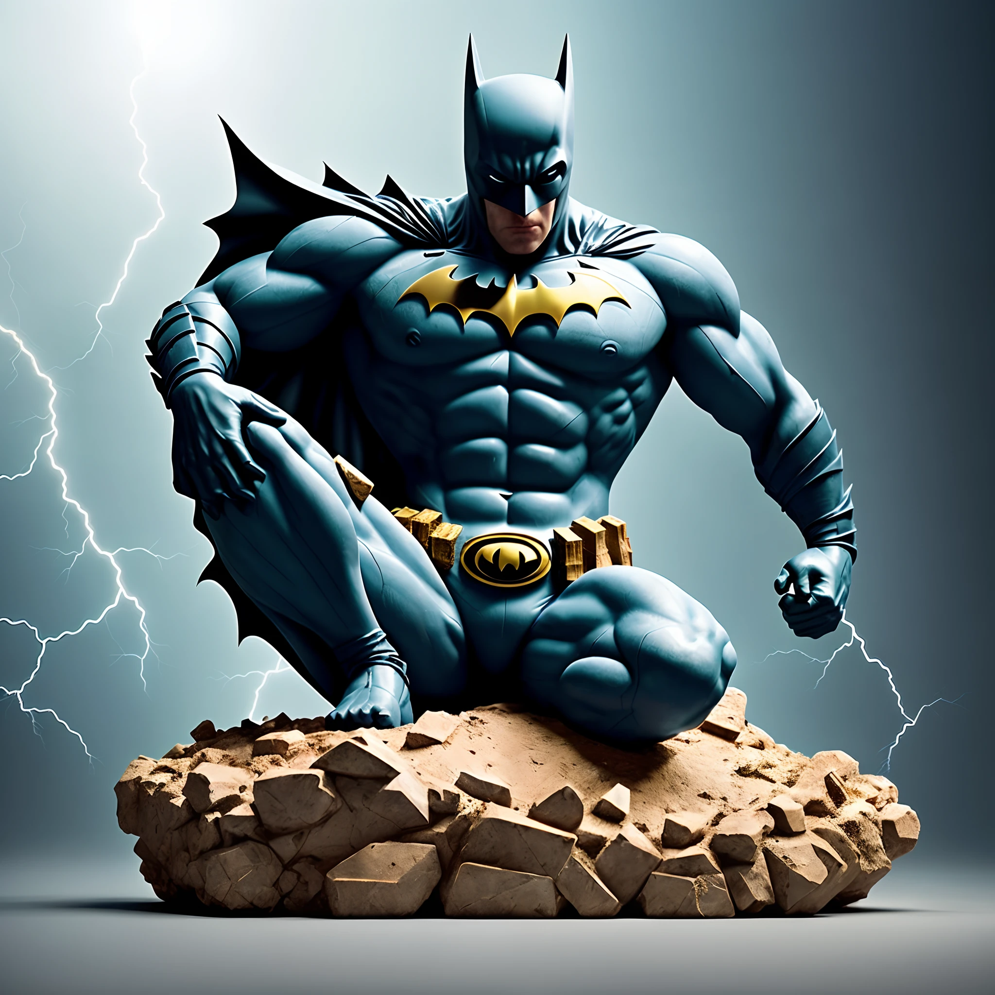 mdjrny-shttr, broken statue of batman made of (marble:1.1) with golden inlays with (blue lightnings:1.3) on background, hyper-realism, best quality hyper-realism, best quality