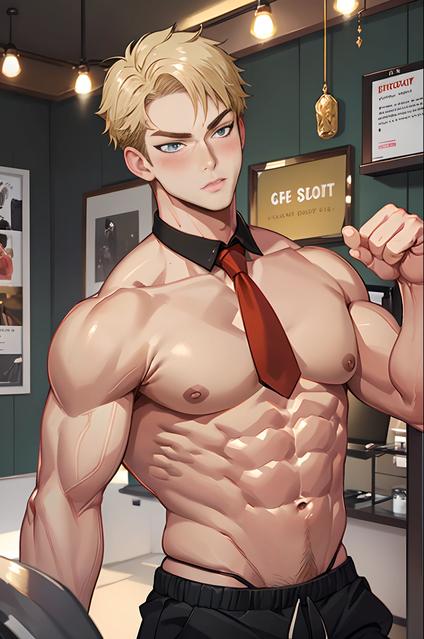 agent_twilight, masterpiece, best quality, (blush), (colorful), shirt, necktie, pants,Muscular body, Imposing body, Imposing appearance, muscular arms, muscular legs, only body, trapezoid torso, sturdy body, muscular body, defined round and fleshy pecs, defined washboard ABS, defined arms, defined legs