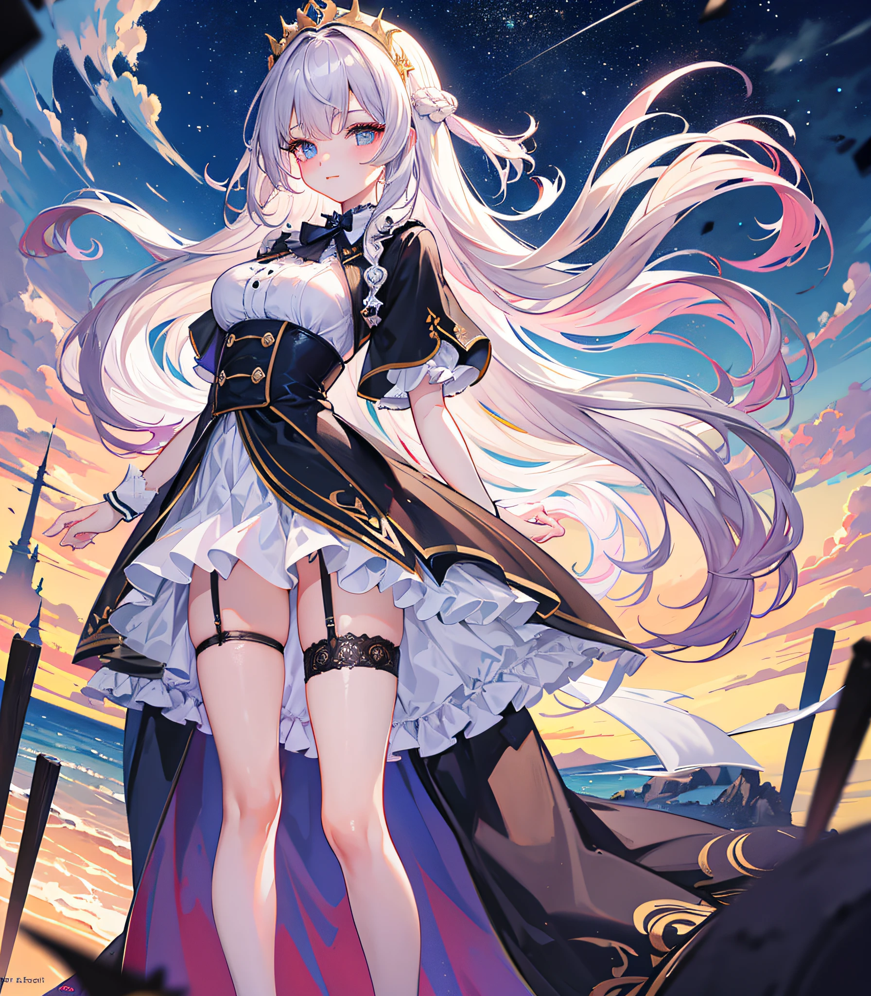 castle background,Lake background,glass,mont,cinematric light,1girll,long whitr hair,独奏,standing on one leg,a garter belt,upper legs,shift dresses,looking at viewert,Very long hair,standing on your feet,brunette color hair,full bodyesbian,ssmile,whaite hair,up legs,,one-girl,Best quality at best,tmasterpiece,illustratio,an extremely delicate and beautiful,The is very detailed,CG,Solidarity,8k wallpaper,astounding,finely detailled,hugefilesize,ultra - detailed,A high resolution,extremely detaile,Beautiful Meticulous Girl,extremely detailed eyes ancface,beatiful detailed eyes,black lence stockings