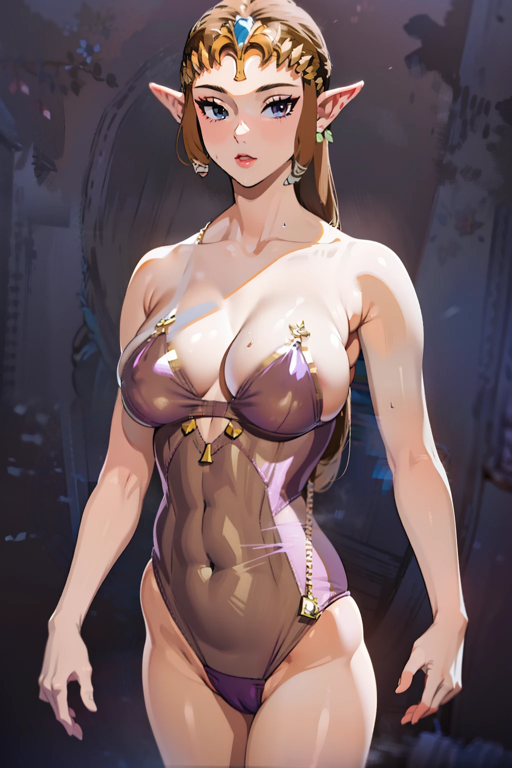 8K High Quality, High accuracy, princess zelda, Beautiful figure, Beautiful face, a small face, Painted from head to waist, Beautiful figure, Leotard, Purple Dress, Bright, Highlights white eye skin,, small ears, Brown hair, Sexy, ultra gigantic tits, ultra gigantic tits, Erotic, Illustration, Micro Bikini, beautiful line art.
Shiny skin,