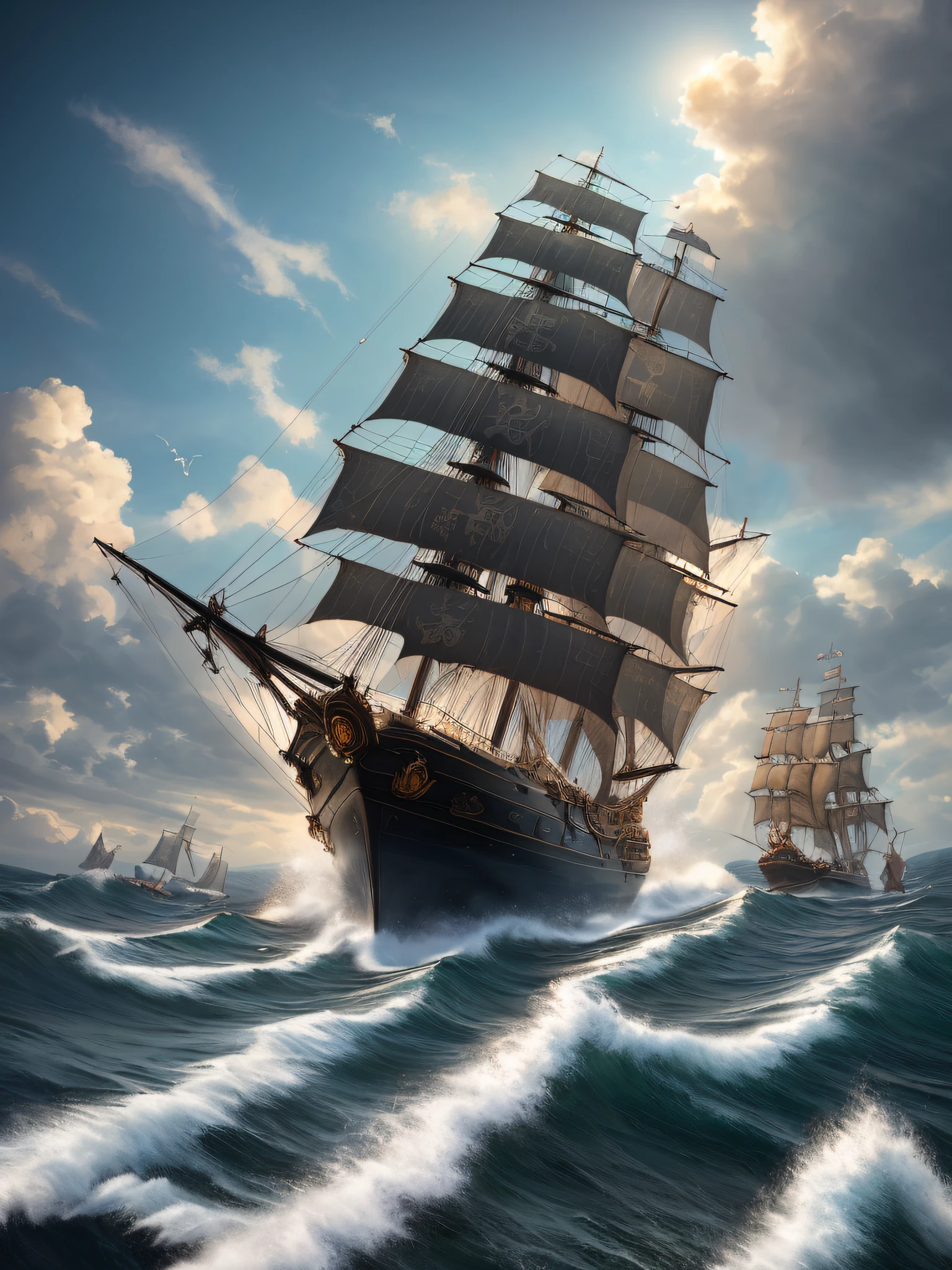 Ultra HD, Masterpiece, Ccurate, Super Detail, High Detail, 8K, Award-Winning Best Quality, CG Art, Unreal 5, A Giant Pirate Ship, Ancient Chinese Style, Sailing in the Sea, Great Waves, (Giant Octopus Tentacles: 1.4), (Sticking Out of the Sea, Wrapping Hull: 1.5), Tempest, Splashing Waves, Realism, Looking Up to See Perspective, Warm and Cool Tones, Film Lighting, Chiaroscuro, Ray Tracing, From Underneath, Ultra Wide Angle,