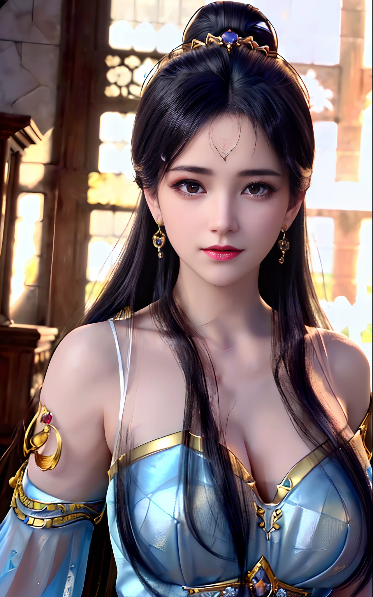 ((realisticity: 1.2)), ((best resolution: 8K UHD)), best quality,masterpiece,highres,cg,
((1 super detailed and super realistic girl)), ((very beautiful queen dazzling, super realistic, and super detailed)),((white skin, beautiful, smooth, youthful, super realistic and super detailed
)), long hair, ((super realistic and super detailed dress)), solo, ((super realistic, super beautiful, gorgeous and super detailed jewelry)), ((super beautiful, super realistic and super detailed dark red and golden yellow dress)),
((super beautiful, super realistic, super detailed diamond filled earrings)),
((super beautiful, super realistic and super detailed diamond filled hair ornament)), ((super beautiful upper body, super beautiful, super realistic and super detailed)), ((big breasts: 2.5)),
((super grand, super realistic and super detailed royal palace backgroun))
((super beautiful, super beautiful, super realistic and super detailed hair bun)), ((super beautiful, super realistic and super detailed blue hair)),
candid, Photograph, high resolution, 8k,Bokeh,