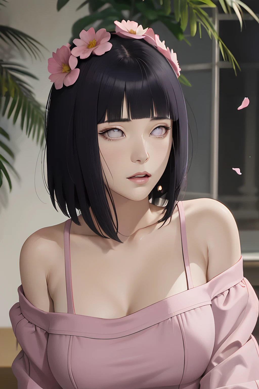 masterpiece, absurdres, hinata\(boruto\), 1girl, solo,mature female, off-shoulder oversized shirt, looking at viewer, (falling petals), perfect composition, detailed lips, big breast, beautiful face, body propotion, blush, (pink lips), long hair, purple eyes, soft gaze, super realistic, detailed, photoshoot, realistic face and body, sexual expression, seductive expression,