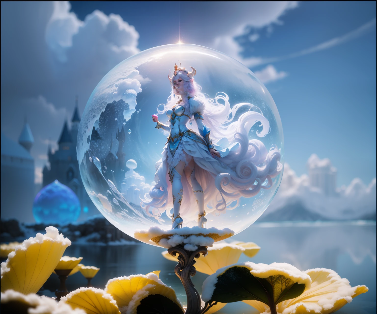 Cotton Candy Queen Women Goddess 8k Resolution Rendered Hyper Realistic Intricate Detail lives in an ice bubble, a fanciful place filled with castles, cotton candy, swans lakes and fluffy clouds, An intricate visual representation of computer programing, rendered in 24k resolution with intricate details and symbols.
