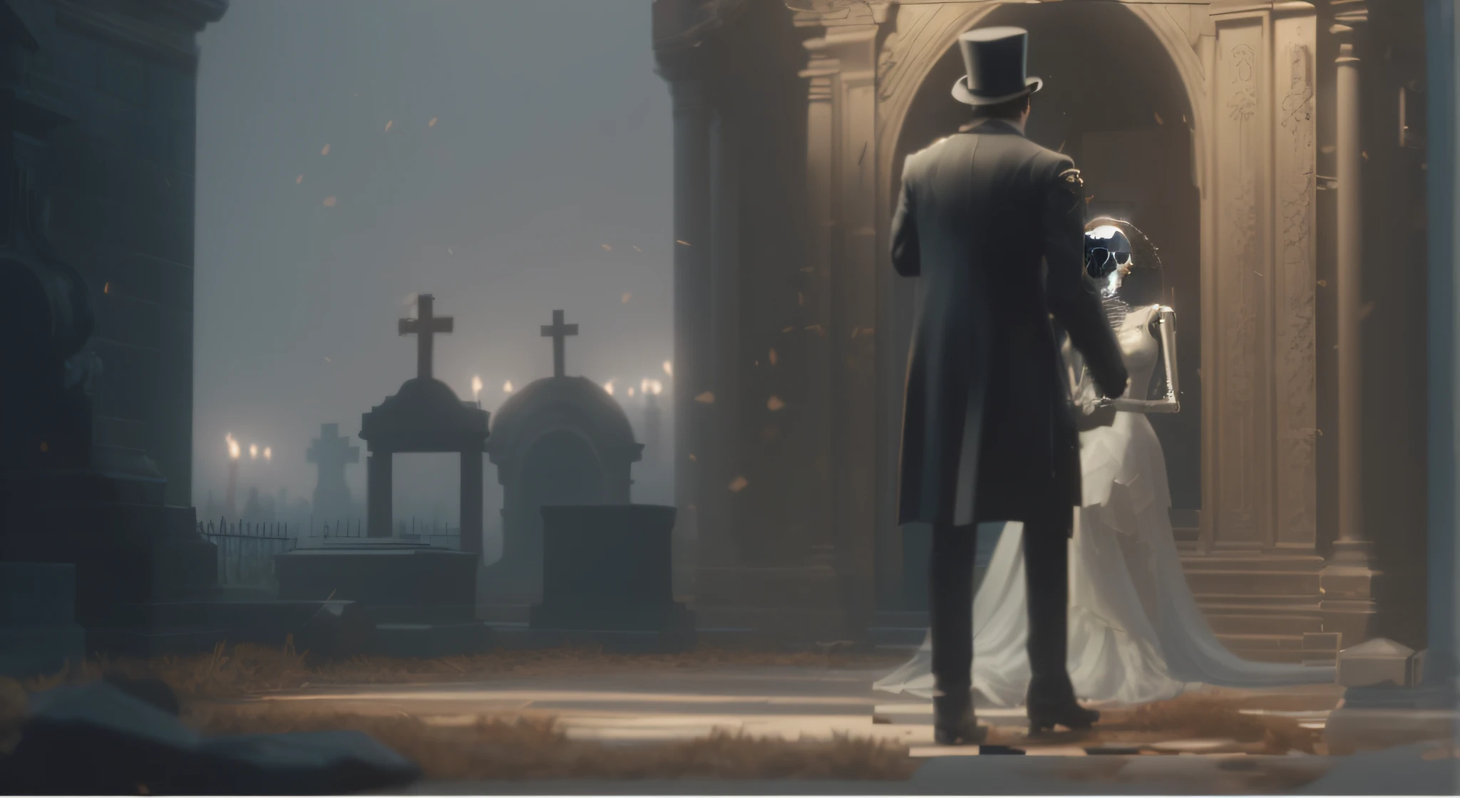 There's an ultra-realistic skeleton (com um vestido e cabelos longos) crouching in front of a man in a top hat in a cemetery at night, detailed cinematic shot, cutscene, detailed cinematic render, Motor irreal ; romantic horror theme, cutscene de videogame, Imagens de cutscene, Volume Raytracing Fog, in-game cinematic, eerie nostalgic concept art, beautiful and cinematic lighting, volumetric lighting and fog, foggy volumetric lighting