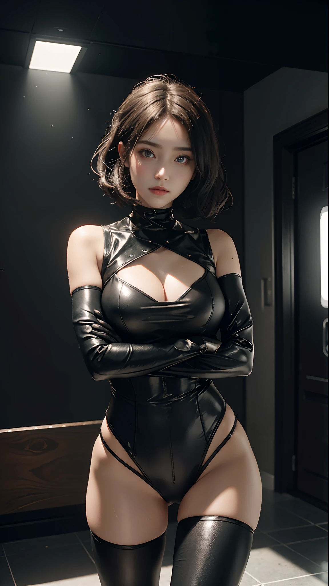 （（best qualtiy））， （（tmasterpiece）），（（（Cute internet celebrity face）））（Fighting posture with both hands clenched into fists：1.9）（gigantic cleavage breasts:1.9） （highly  detailed：1.3）， （There are no open latex clothes：1.9（High-neck all-over latex garment：1.9）（（（Dress conservatively：1.9））），（（（Clean and beautiful face）））（Delicate big eyes：1.9）（Fine pupil texture：1.5）3D， big breasts beautiful （cyber punk perssonage：1.3） Female hacker with short brown hair poses for a photo，Black and red tights， cyber punk style，， Ray traching， NVIDIA RTX， Hyper-Resolution， Unreal 5， sub surface scattering， PBR textures， post-proces， Anisotropic filtering， depth of fields， Maximum clarity and sharpness， Many-Layer Textures， Albedo e mapas Speculares、Surface coloring、Accurate simulation of light-material interactions、perfectly proportions、rendering by octane、twotonelighting、Low ISO、White balance、trichotomy、Wide aperture、8K raw data、High-Efficiency Sub-Pixel、sub-pixel convolution、Luminous Particle
