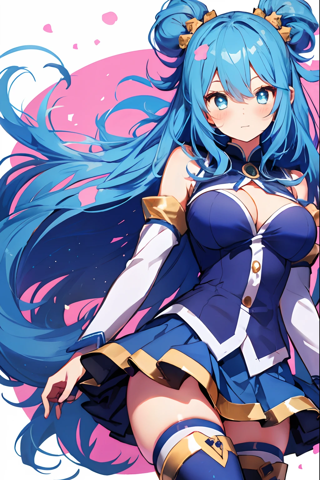 aqua, goddes、hightquality, 1girl in, blue eyess, blue footwear, blue hairs, blue thighhighs, Glamorous body、red blush, boots, breastsout, foam, Detached sleeves, hair adornments, hair rings, length hair,  medium breasts⁩, Single Hairing, skirt by the, 独奏, is standing, Thigh boots, Very long hair, white thighhig, simple background、hightquality、hight resolution、disney character。