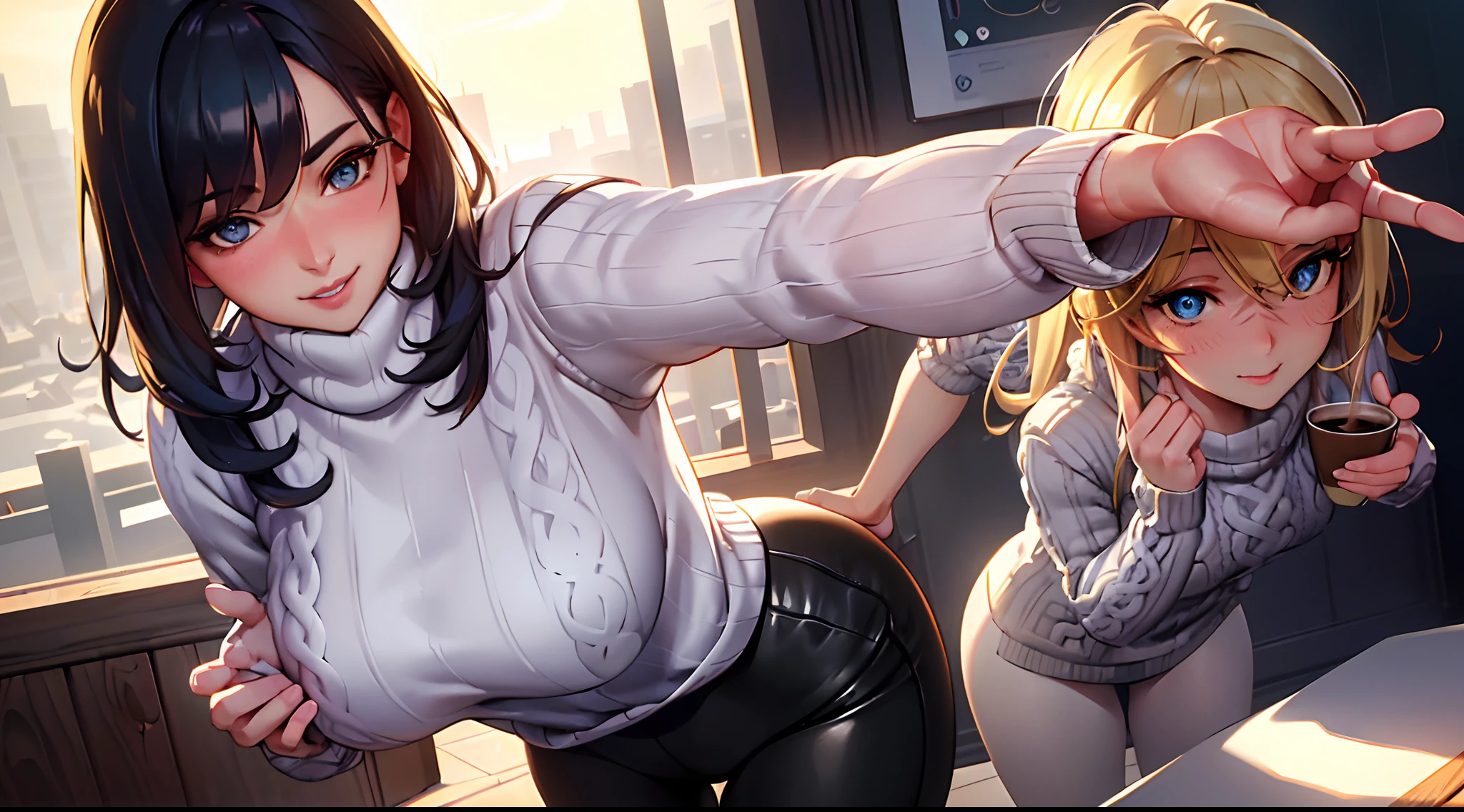 (masterpiece, best quality:1.4), (modern days), (cowboy shot), 1girl, solo, pov, sfw, stunning girlfriend, (standing:1.1), dynamic pose, (white oversized sweater, knit sweater:1.4), (skinny yoga pants, dark gray yoga pants: 1.4), (navy short jacket, denim jacket: 1.4), long blonde hair, bangs, heart-shaped face, elegant face, beautiful face, high detail face, high detail skin, skin pores, subsurface scattering, (blue eye details), realistic pupils, plump breasts, loving smile, looking at the audience, full blush, plump lips, holding a coffee cup, centered, coffee shop in background, city street, sunny day, wind, detailed background, depth of field, Atmospheric perspective, volumetric lighting, clear focus, absurd, realistic proportions, good anatomy, (realistic, hyper-realistic:1.4), 16k HDR,