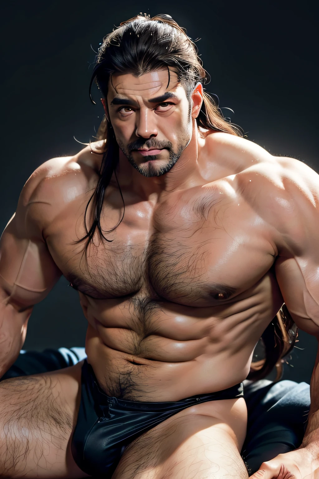 A middle-aged man sits on top of another man，detailed back ground，super high image quality，the detail，musculous, Muscular body,Asia face，attractive beefy man,50-year-old man ，sport, big muscular man, partially male hairy torso, Wet pubic hair，perspire，Drenched， musculous, Muscular body, hairy chest and hairy body, loincloth