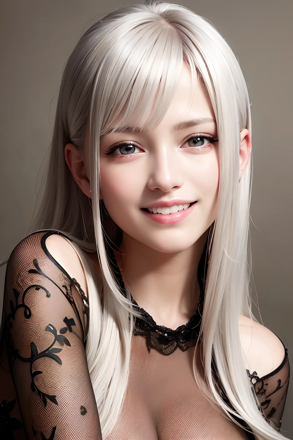 Best quality, masterpiece, ultra high res, (photorealistic:1.4), raw photo, 1girl, silver hair, shiny skin, dramatic lighting,(smile:1.2)