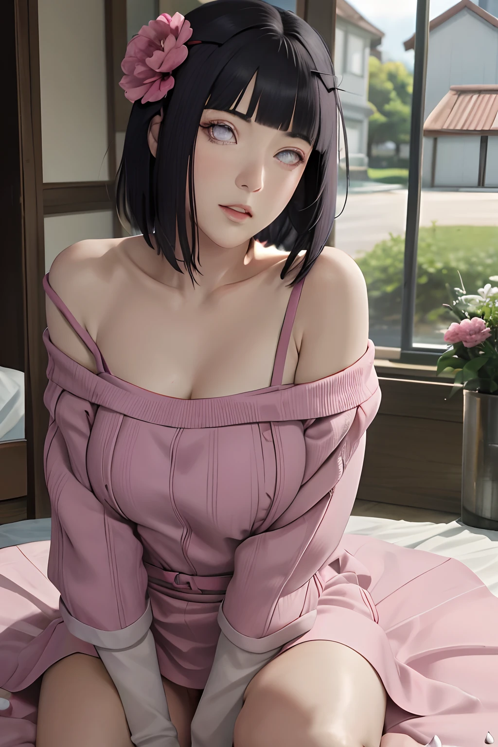 masterpiece, absurdres, hinata\(boruto\), 1girl, solo,mature female, Off-shoulder knit, looking at viewer, (falling petals), perfect composition, detailed lips, big breast, beautiful face, body propotion, blush, (pink lips), long hair, purple eyes, soft gaze, super realistic, detailed, photoshoot, realistic face and body, sexual expression, seductive expression,