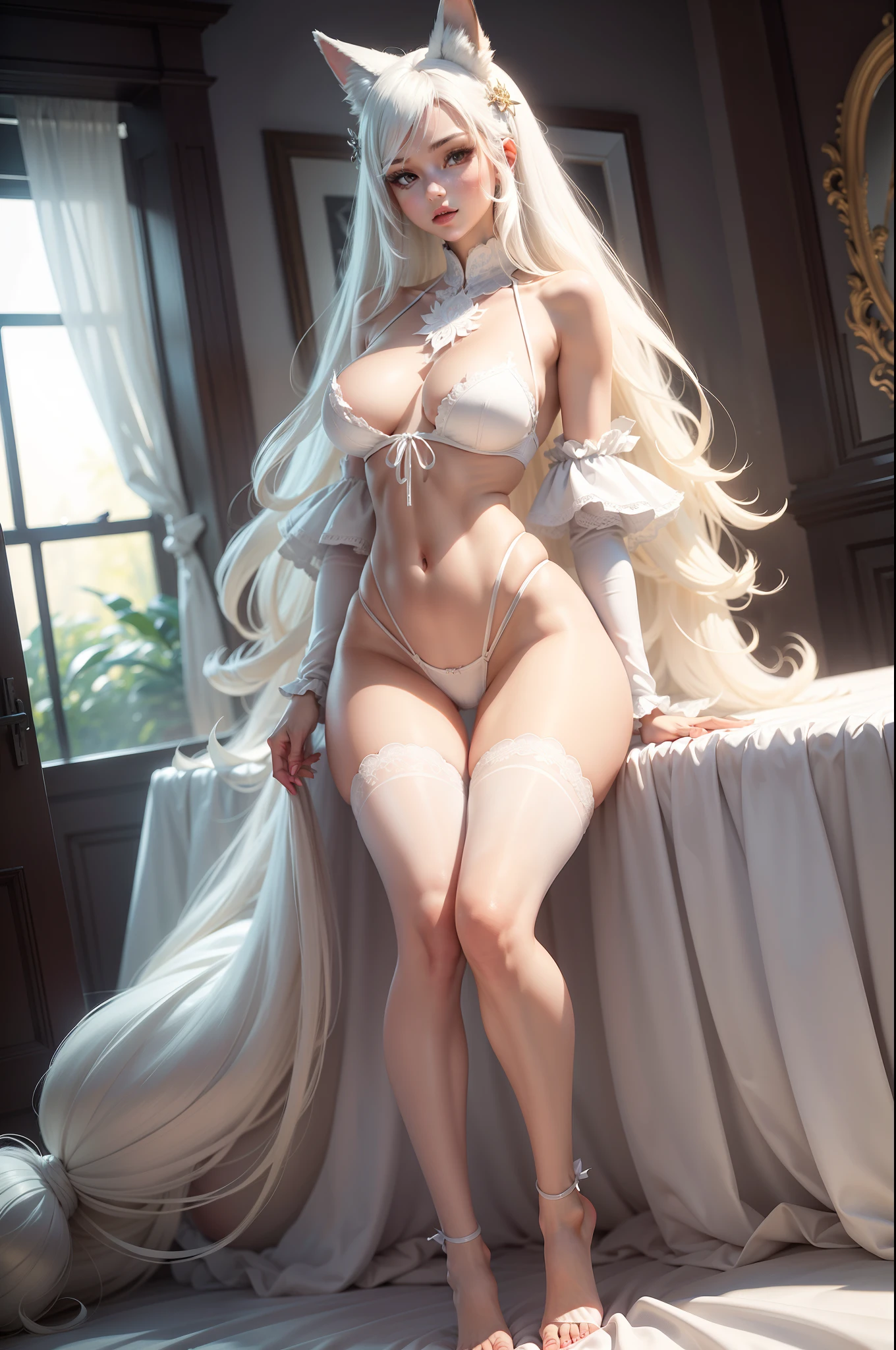 Best Picture Quality,Super meticulous,Realistic and delicate,A high resolution,dynamic angle,Dynamic posture,1 character,long white hair,Fox eyes,white under lingerie,White thong lace panties,There are fox ears on the top of the head,Smooth white tender long legs,bare-legged,The figure lies on the bed with his hands propped up,female pervert,Charming looking,Sexy and enchanting,Good figure,jade foot,Sensual,Large scale,Tall and tall