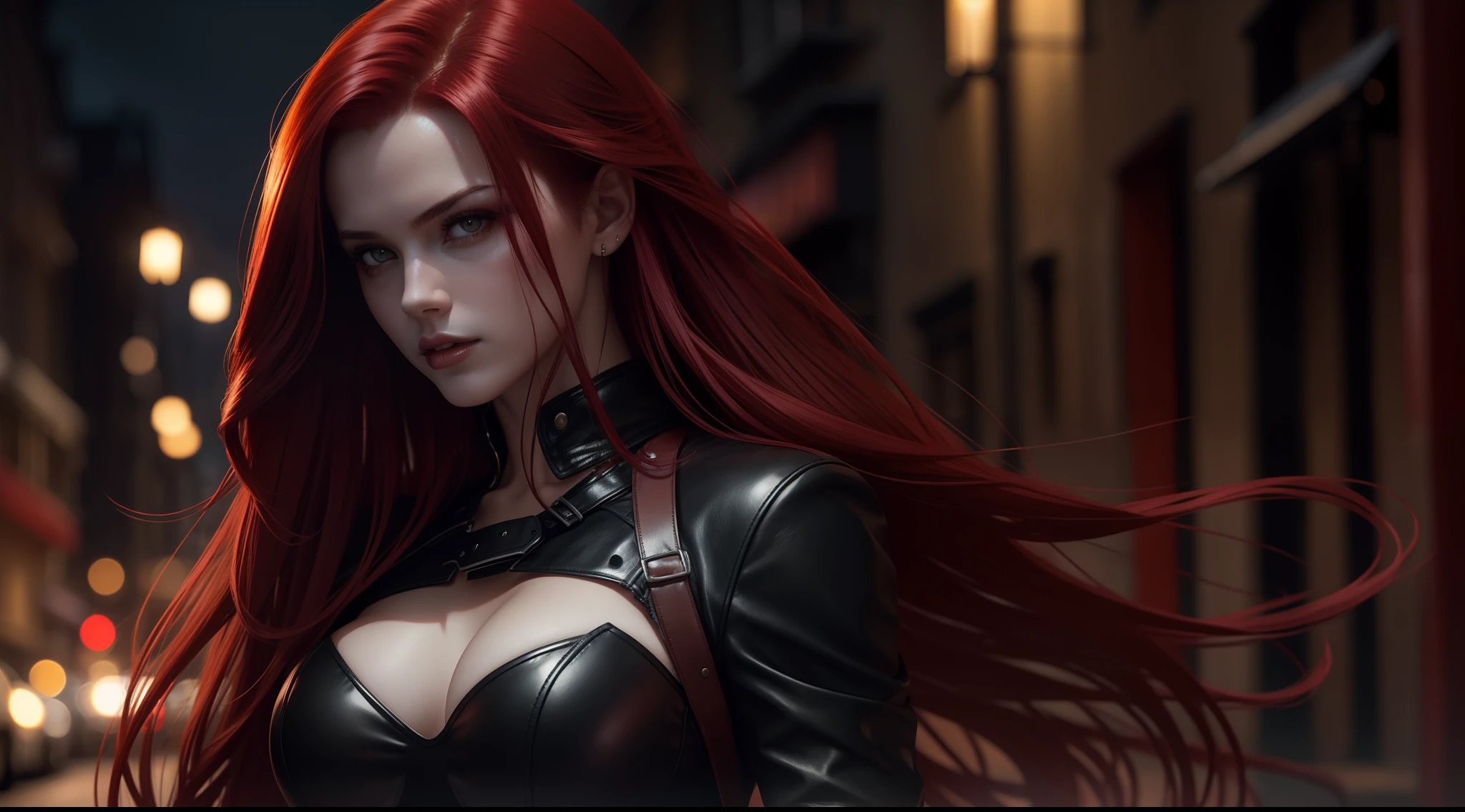 Sexy beautiful woman with vampire vibes long hair red locks in a dark street with light in the background sexy leather clothes very feminine cinematic bokeh background dark lighting 16k realistic and with lots of detail