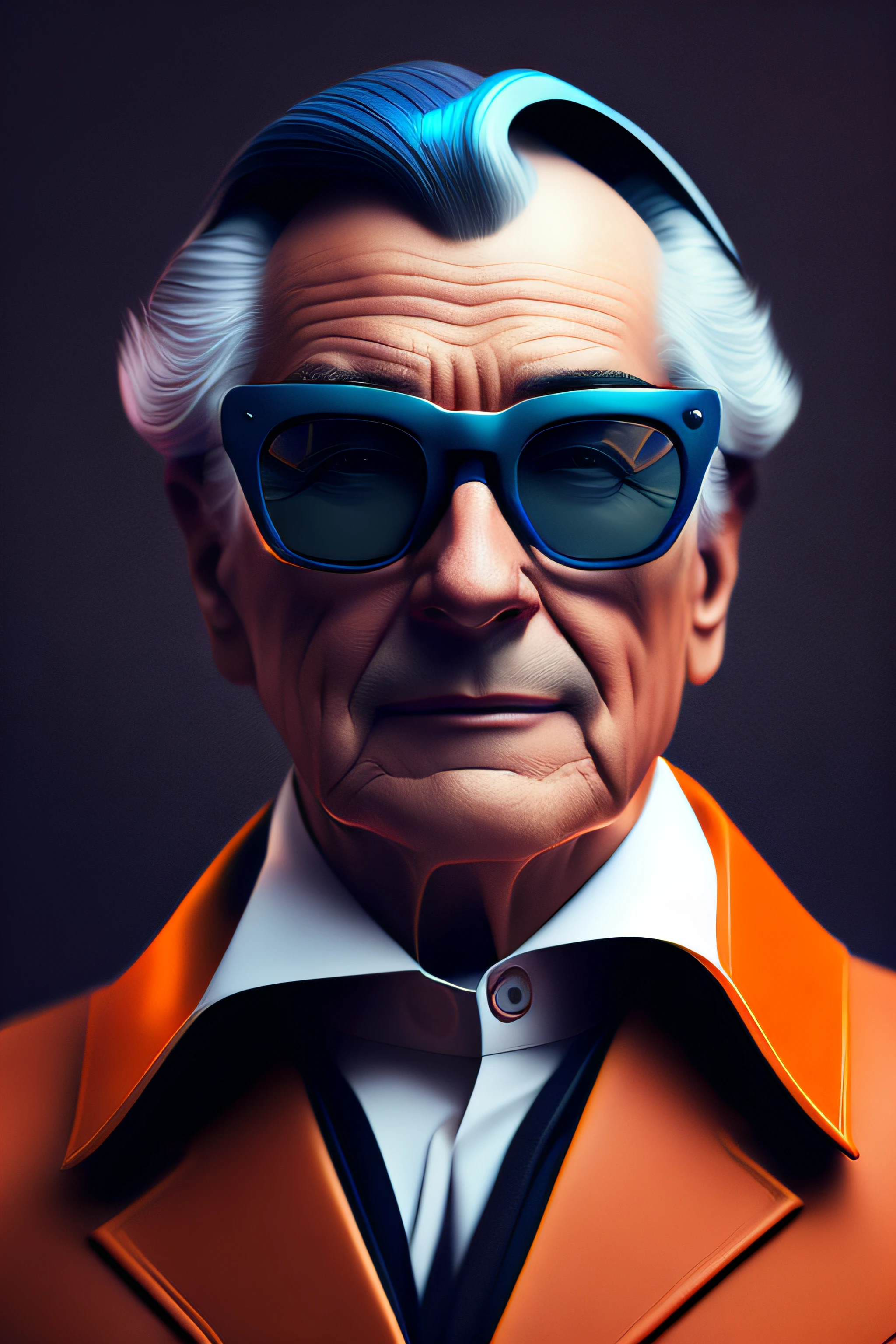 Image of a man with blue hair and sunglasses, Iconic character of high detail, 3d render senior artist, Epic portrait illustration, retrato de personagem de closeup, inspirado em Egon von Vietinghoff, stunning digital illustration, Retrato CGSetivity, retrato de alta qualidade, Retrato do Professor Sinistro, Directed by: Andrei Kolkoutine, closeup retrato de personagem