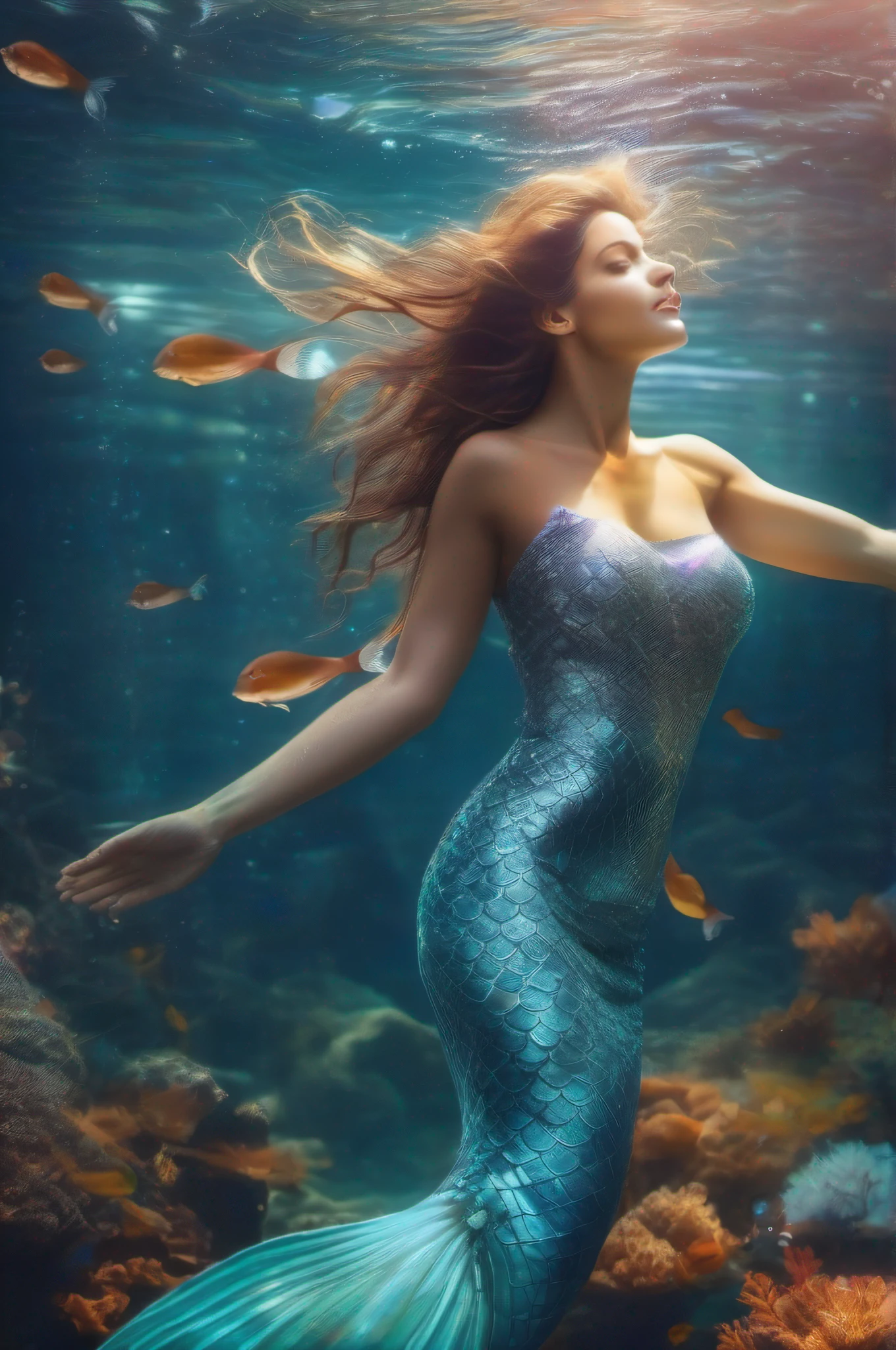 (((beautiful Girl+mermaids):1.2), Swimming in the sea, Blue water, beatiful lights, Sunlight shines in, Fantastic atmosphere, Beautiful colors, Graceful movement, Flowing hair, Soft expression, Fantastic sight)