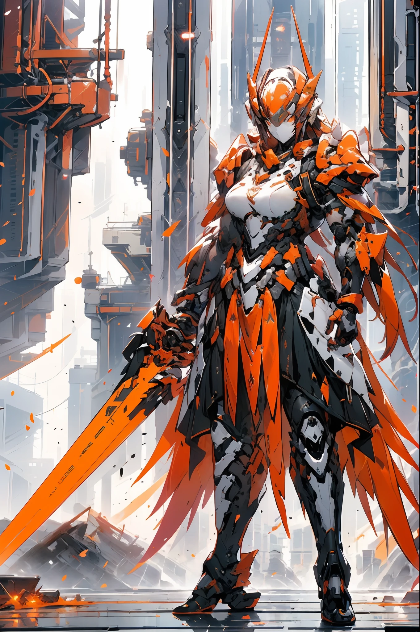 a woman with a sword and wings standing in front of a city, by Yang J, from arknights, detailed key anime art, red armor, trending on artstation pixiv, anime epic artwork, badass anime 8 k, [ trending on cgsociety ]!!, anime fantasy artwork, detailed anime artwork, blood red armor, white and red armor