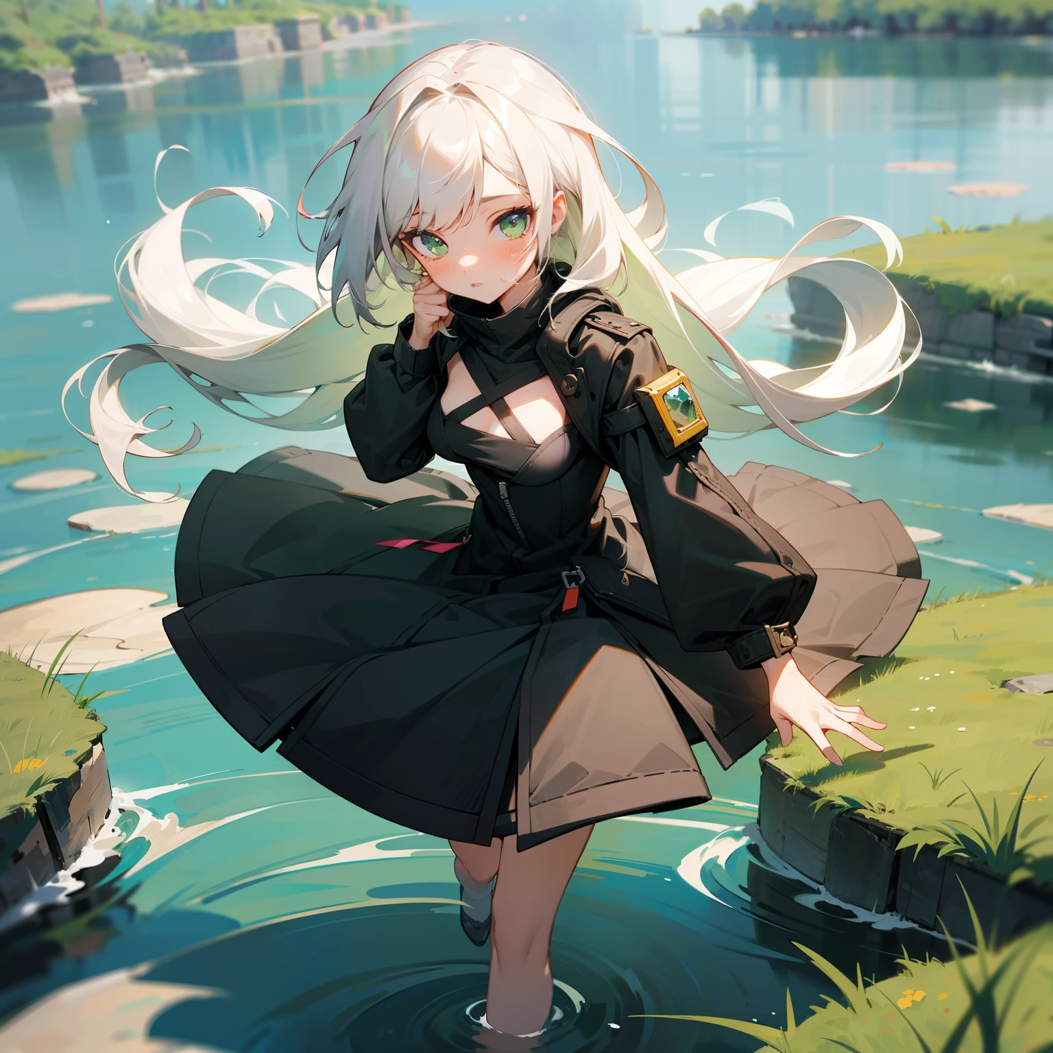 MKSKS style, (Very detailed background:1.0), (highly detailed back ground:1.0), 1girll, full_Body,, partly_unzipped, Masterpiece, Best quality, (1girll, Solo, Girl:1.2), Lake, Grass, walking on the water, Jumps, Stone ruins, color difference, Depth of field, Soft illuminated surface,Face only,White hair,Green eyes,Long hair,Floating hair,Small breasts,