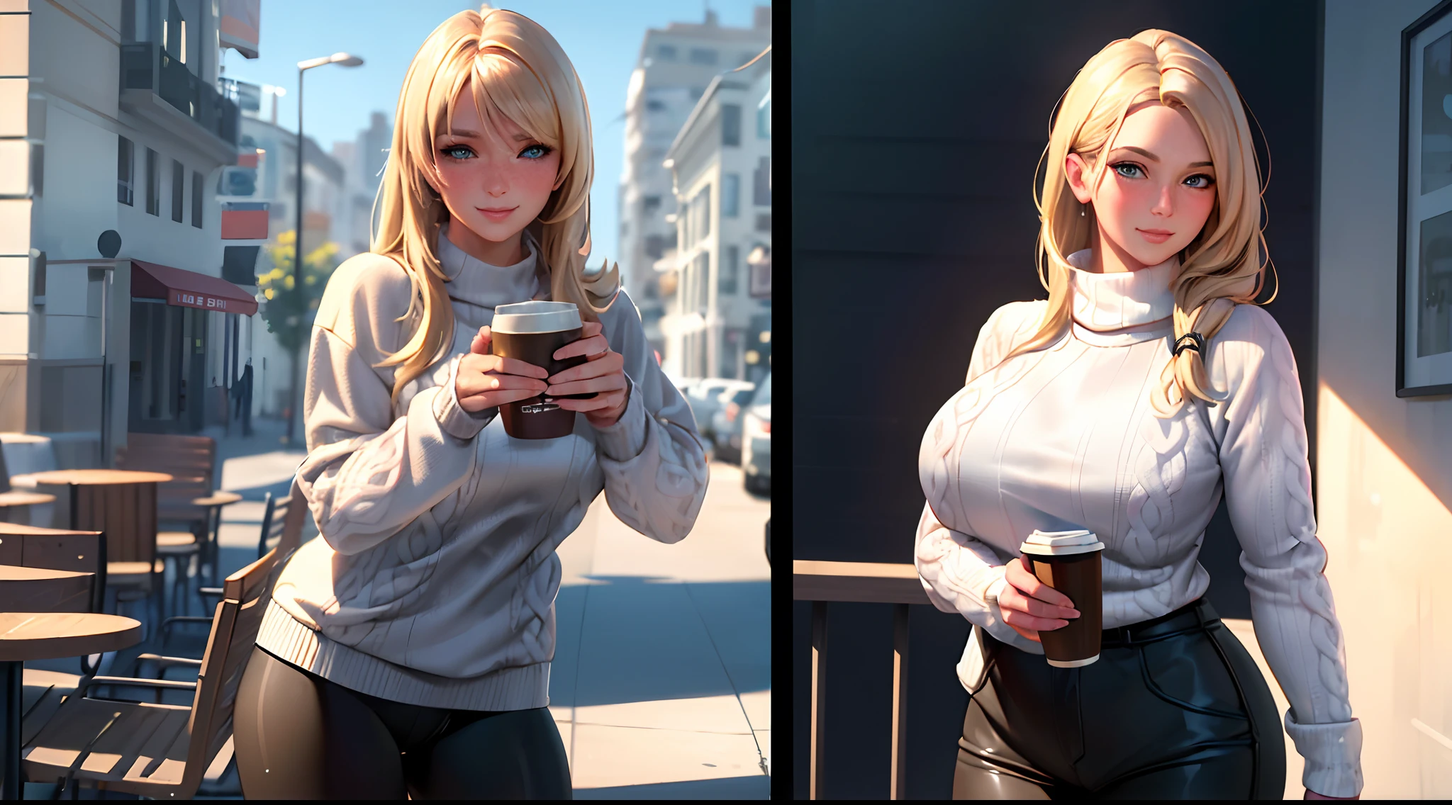 (masterpiece, best quality:1.4), (modern days), (cowboy shot), 1girl, solo, pov, sfw, stunning girlfriend, (standing:1.1), dynamic pose, (white oversized sweater, knit sweater:1.4), (skinny yoga pants, dark gray yoga pants: 1.4), (navy short jacket, denim jacket: 1.4), long blonde hair, bangs, heart-shaped face, elegant face, beautiful face, high detail face, high detail skin, skin pores, subsurface scattering, (blue eye details), realistic pupils, plump breasts, loving smile, looking at the audience, full blush, plump lips, holding a coffee cup, centered, coffee shop in background, city street, sunny day, wind, detailed background, depth of field, Atmospheric perspective, volumetric lighting, clear focus, absurd, realistic proportions, good anatomy, (realistic, hyper-realistic:1.4), 16k HDR,