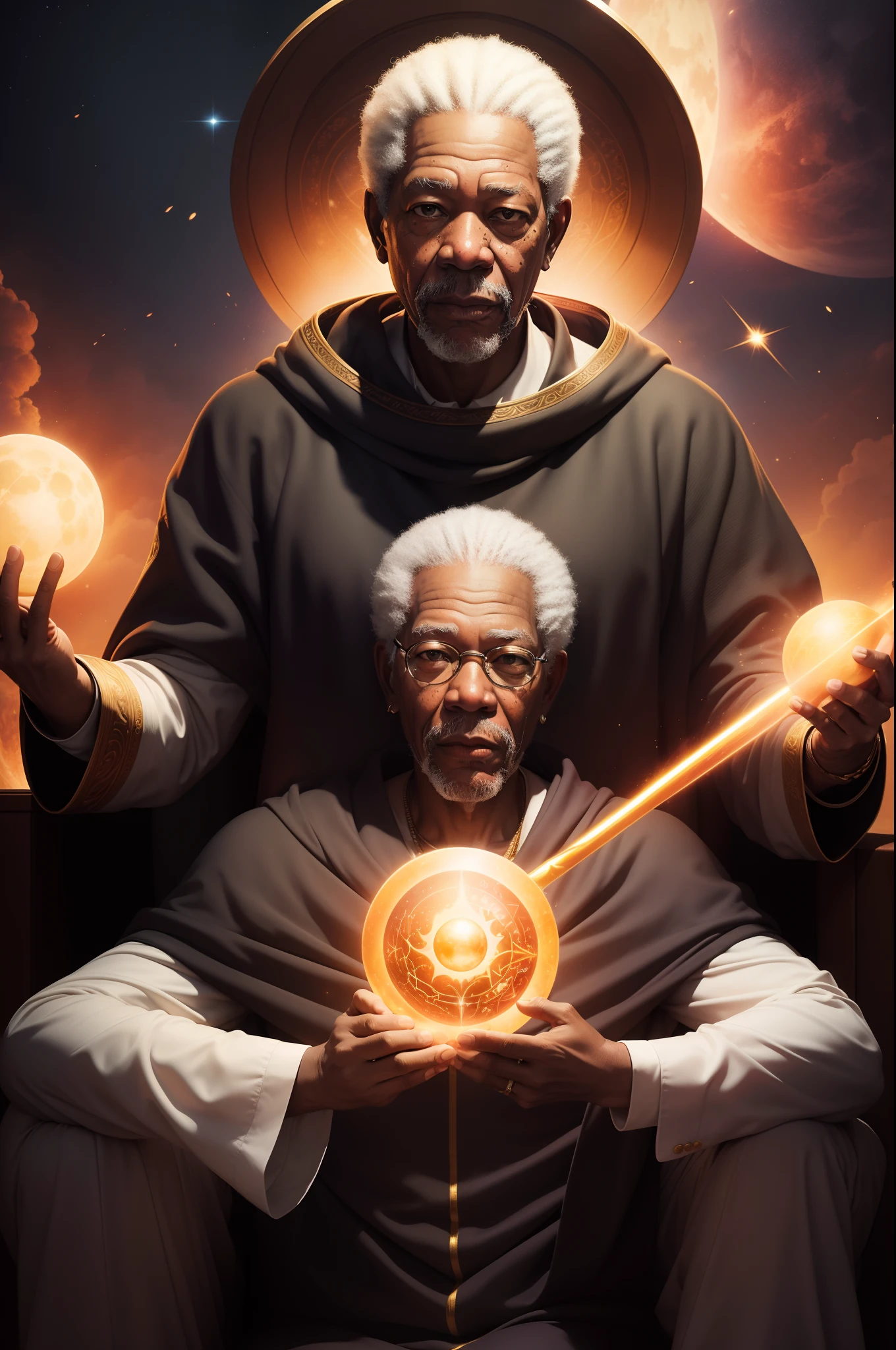 "A portrait of Morgan Freeman in the form of a mythical god. Retrate-o segurando o sol e a lua, envolto por uma aura radiante. Place them on a magnificent throne amid a cosmic backdrop."