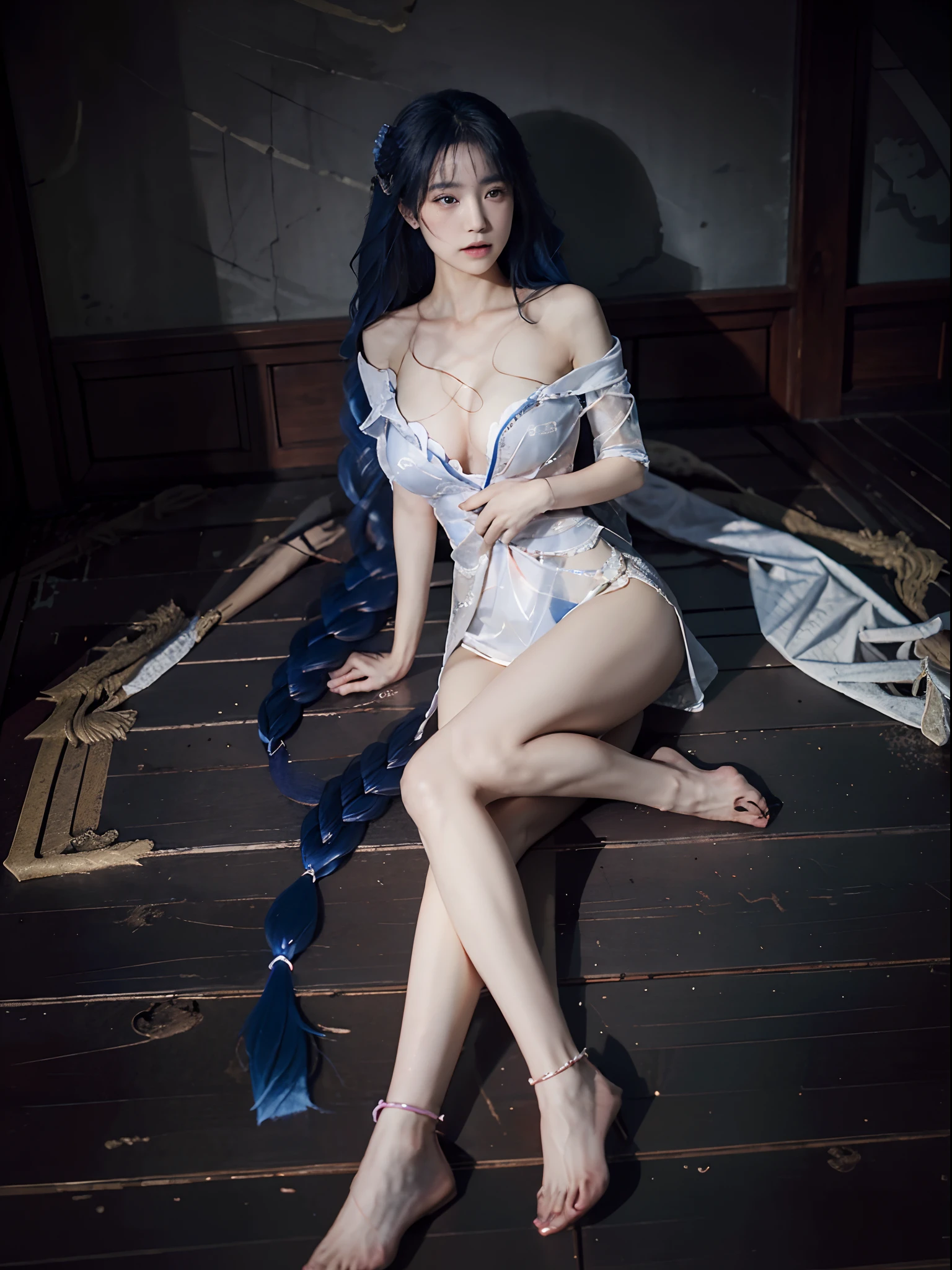 (Enrich the picture,Masterpiece level quality)Beautiful 8K CG artwork,Goddess-like posture,Kneeling exercise,Slim and soft,Translucent skin,Aqua blue hair、The beauty of extra-long hair, Super Long Straight Hair,The skin is fair and juicy,Big JK Uniform,Perspective Part 1.2x enhanced silhouette effect,Exquisite transparent blues pattern in pajamas,The details are intricate and exquisite,The background is slightly blurred,Charming and lustful leg seduction,Drool,Extra-large big breasts,Blush,Japan goddess,Perfect body slim curves,