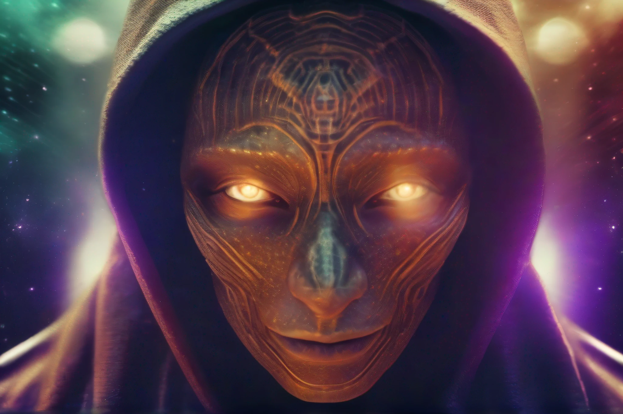 Ghostly portrait of a futuristic alien from another dimension creator of the universe with powerful ancient magic and supernatural powers from an unknown dimension