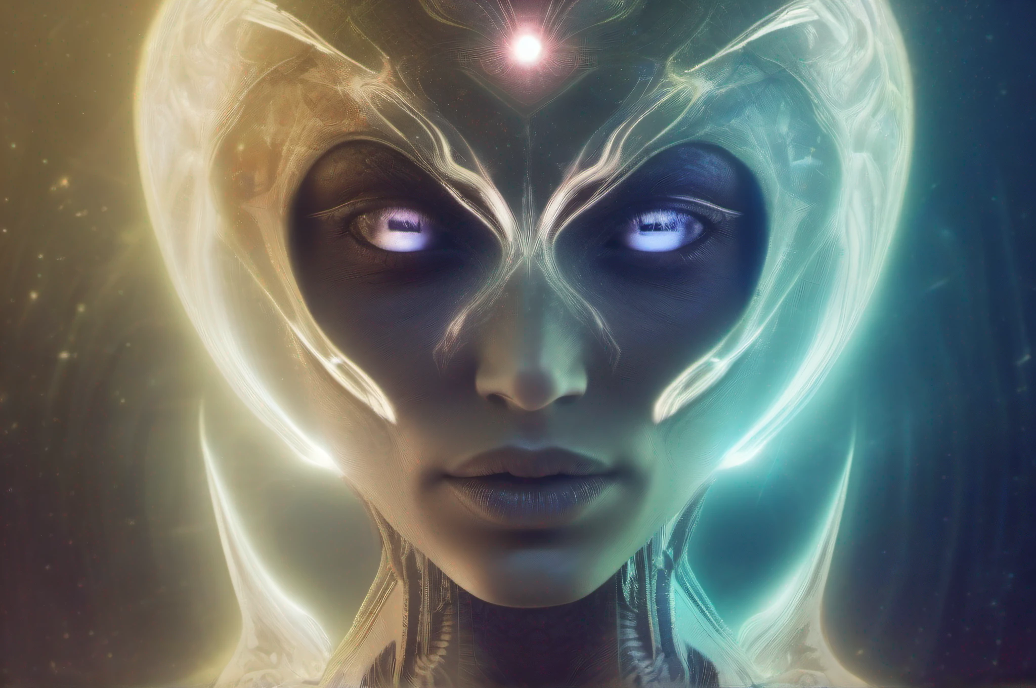Ghostly portrait of a futuristic alien from another dimension creator of the universe with powerful ancient magic and supernatural powers from an unknown dimension