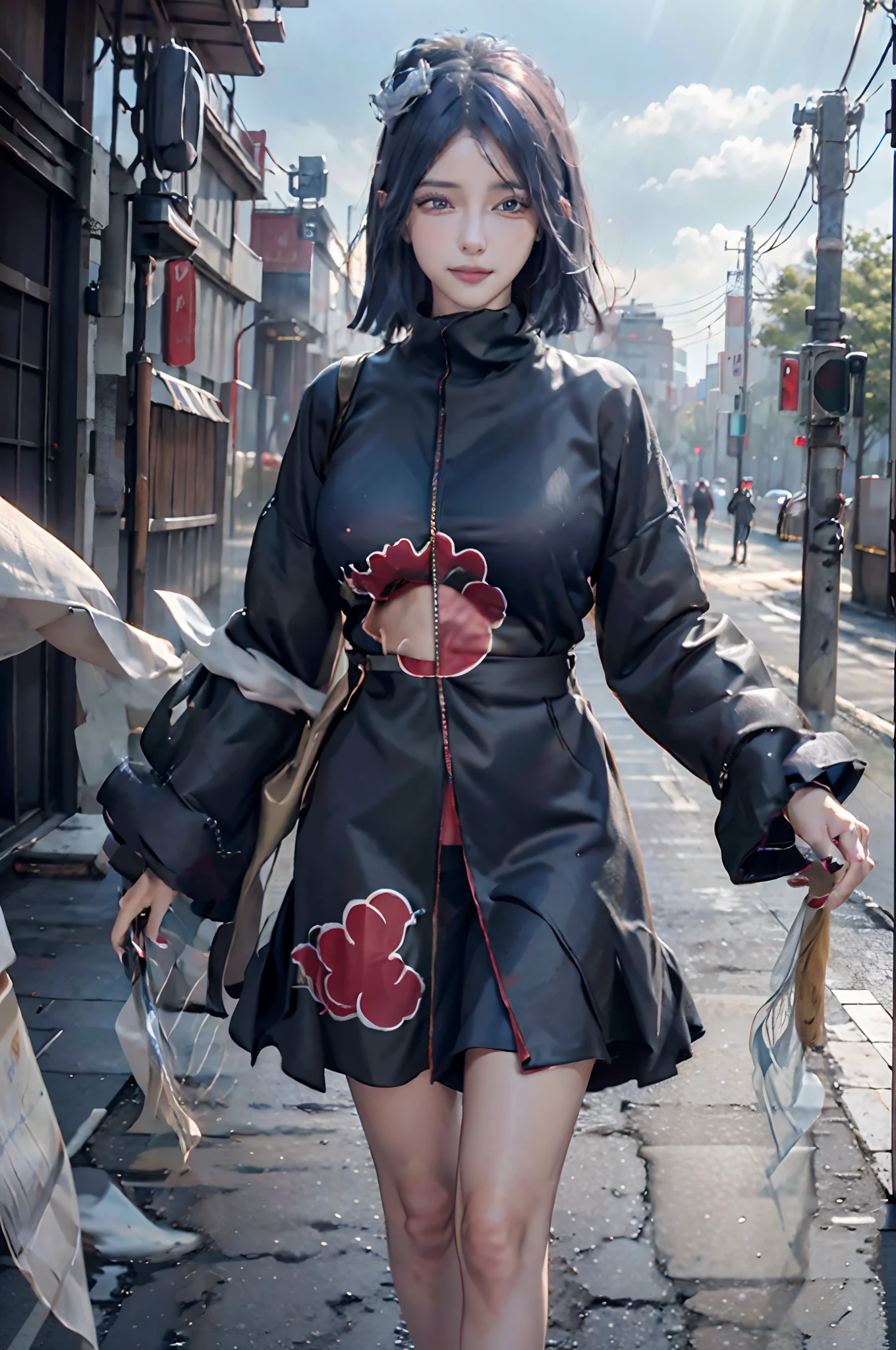 (8k, RAW photo), (best quality), (masterpiece), (realistic,) (photo-realistic),(highres), ultra-detailed, (realism:1.1),beautiful face, (1girl:1.1),woman,(looking at viewer),cowboy shot,japanese, konan \(naruto\), (akatsuki outfit:1.1), labret piercing, blue hair, blue eyes, professional lighting, photon mapping, physically-based rendering, dark theme, smile, big breasts