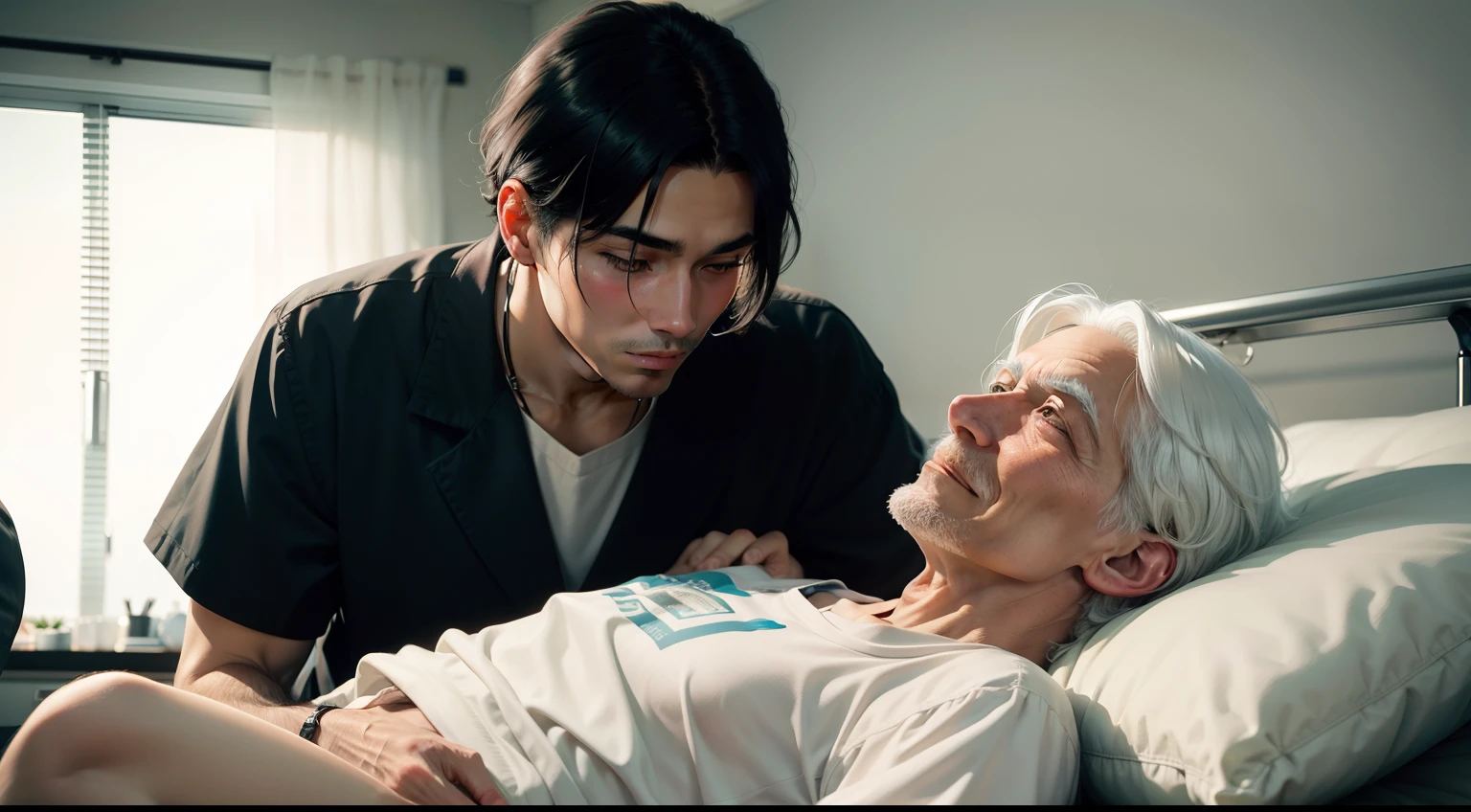A old man, with white hair, laying on a hospital bed, and a boy with black hair, looking at the old man.