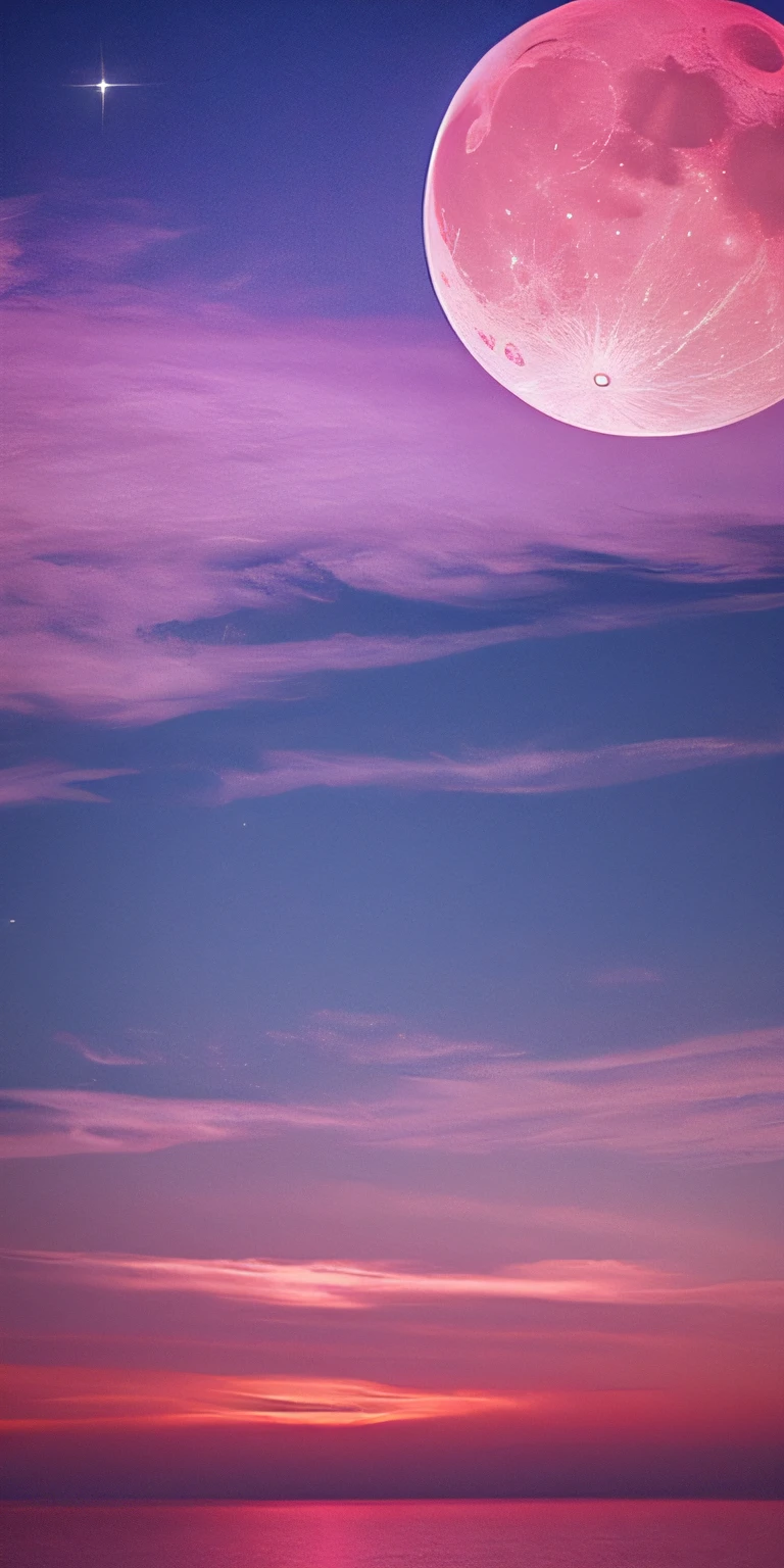 Pink moon, pink sky, soft pink clouds, pink ocean waves sparkling, sparkling, pink roses on pink ocean, fantasy, diamond, crown, universe, soft lights,