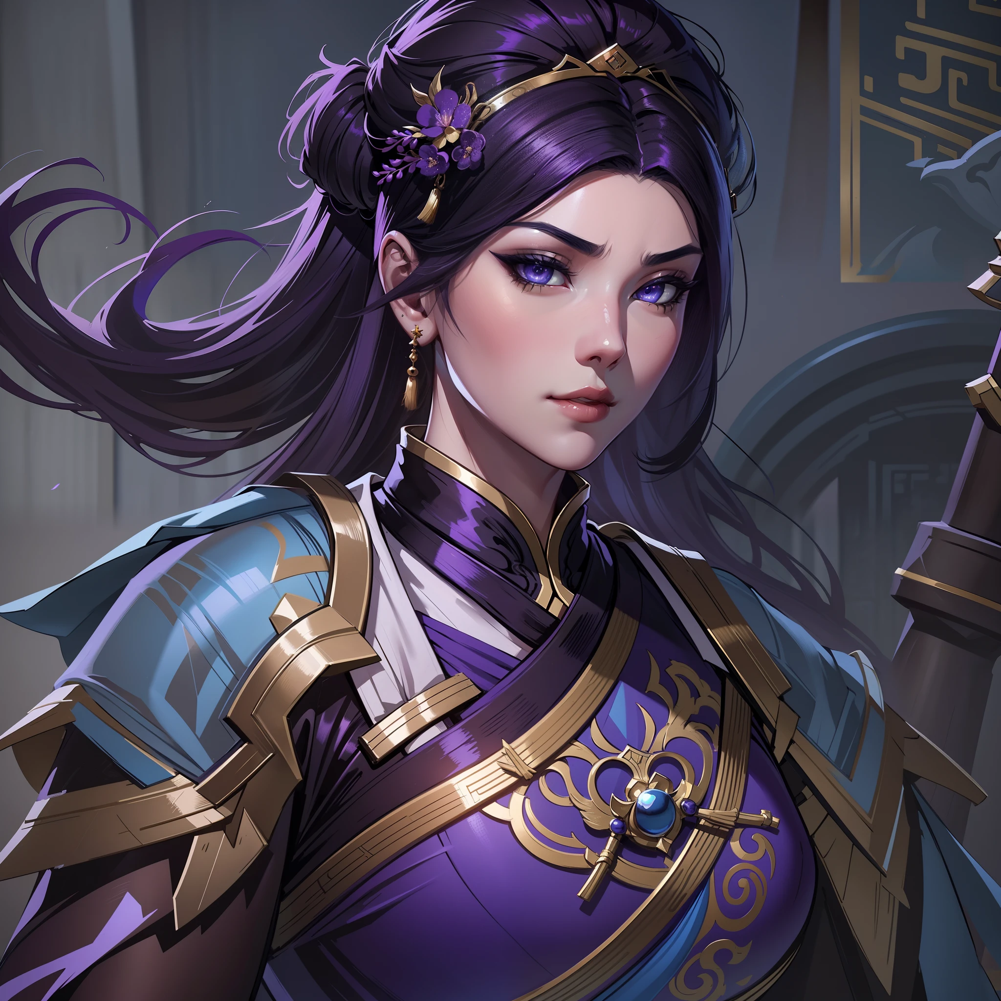 a close up of a strong woman in her 30's, with purple eyes and grey hair, wearing a black and purple ball gown dress, a heroine with blue eyes, martial artist holding polearm, standing in a chinese temple, new costume concept design, in the style of blade and soul, full body character concept, detailed character design, inspired by Yang Jin, inspired by Li Mei-Shu, chinese costume, inspired by Lan Ying, inspired by Sim Sa-Jeong, inspired by Li Tang, lunar themed attire, costume with blue accents, inspired by Ju Lian, colored concept art, highly detailed character design, highly detailed face, inspired by Ai Xuan, very highly detailed face, unreal engine render, final fantasy 14 style, inspired by Leng Mei