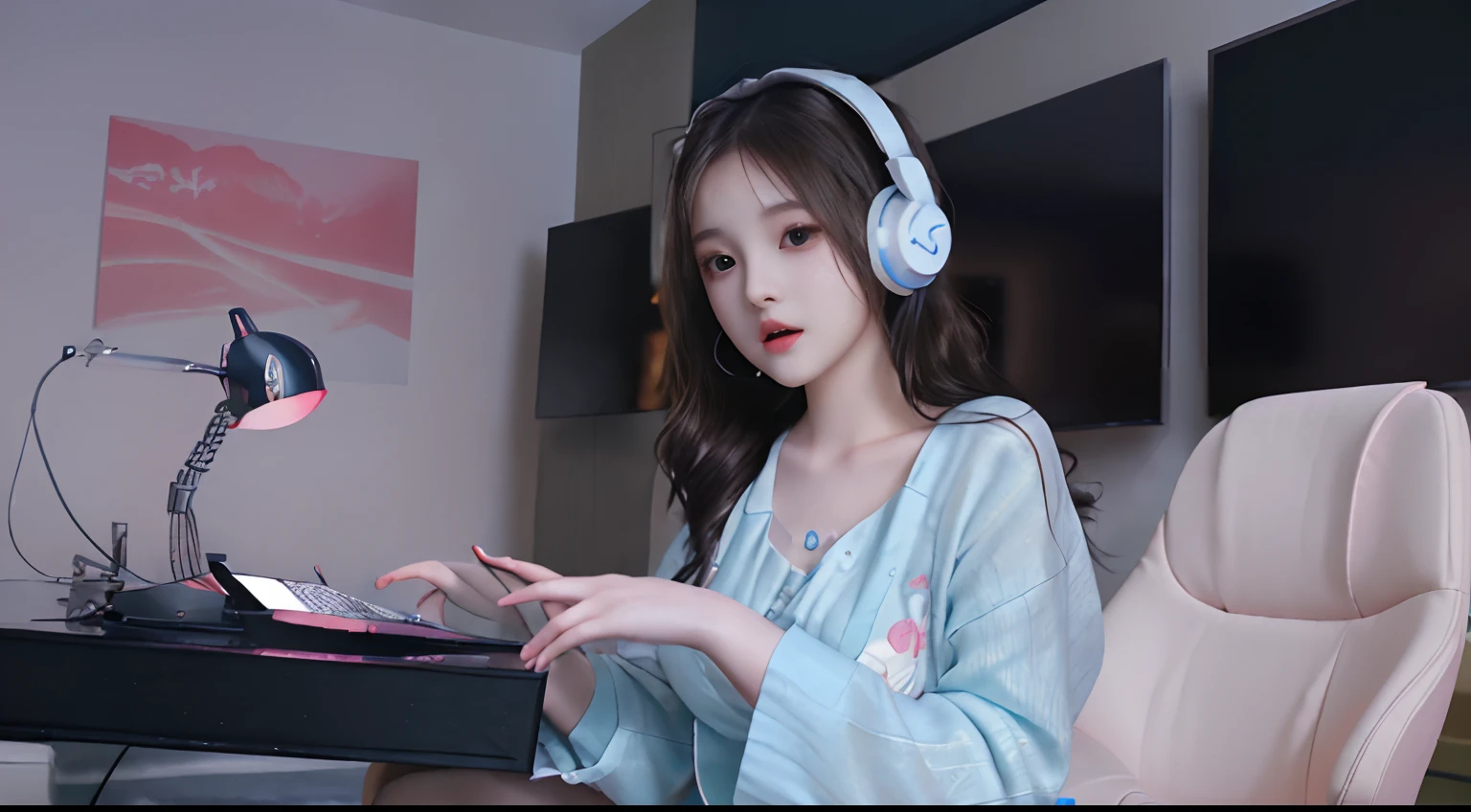 a beauty girl、(8K、At a glance、realisitic)、Lovely room、Play games、Sit in the game chair、Wearing headphones、serious facial expression