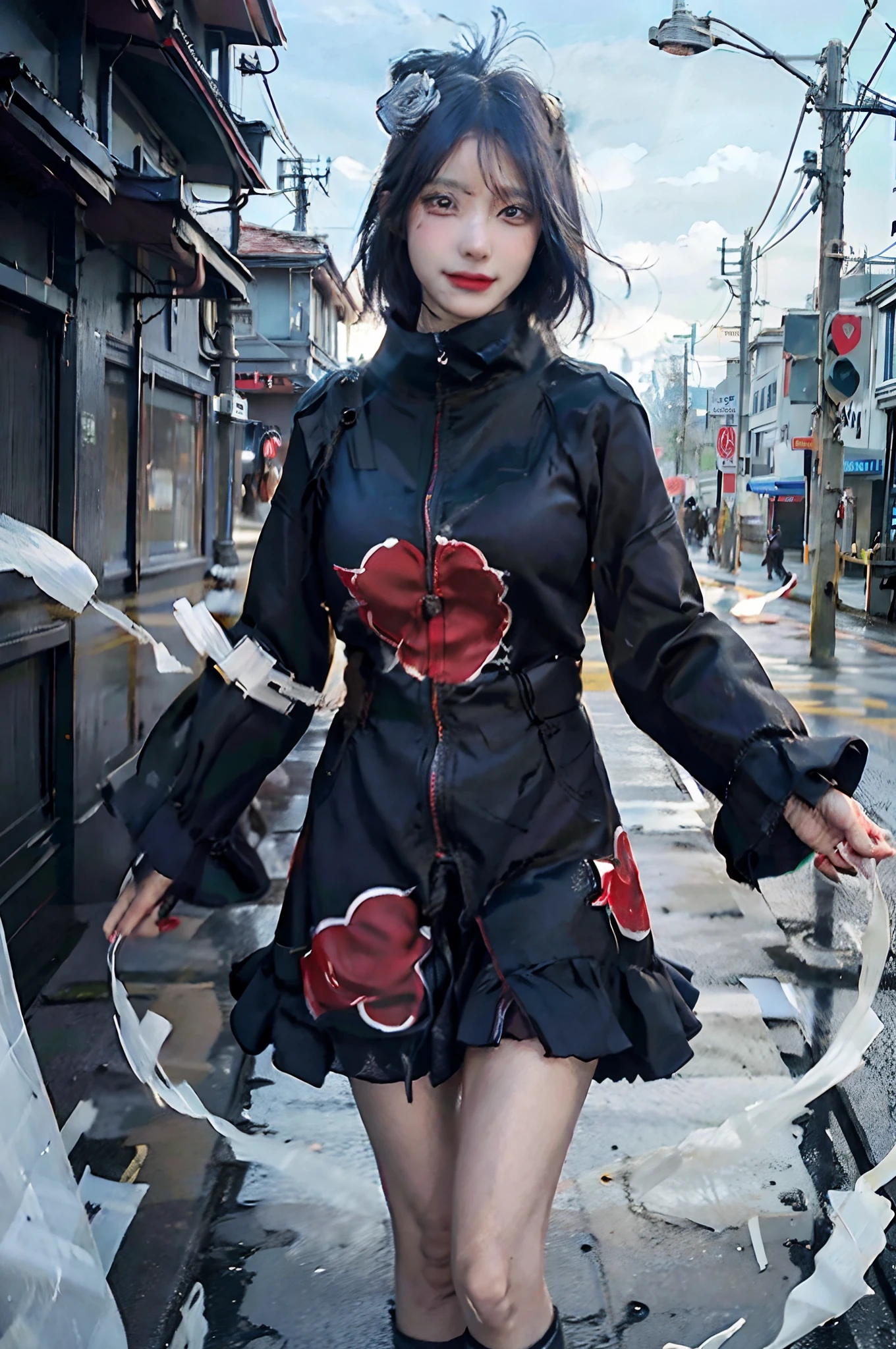 (8k, RAW photo), (best quality), (masterpiece), (realistic,) (photo-realistic),(highres), ultra-detailed, (realism:1.1),beautiful face, (1girl:1.1),woman,(looking at viewer),cowboy shot,japanese, konan \(naruto\), (akatsuki outfit:1.1), labret piercing, blue hair, blue eyes, professional lighting, photon mapping, physically-based rendering, dark theme, smile, big breasts