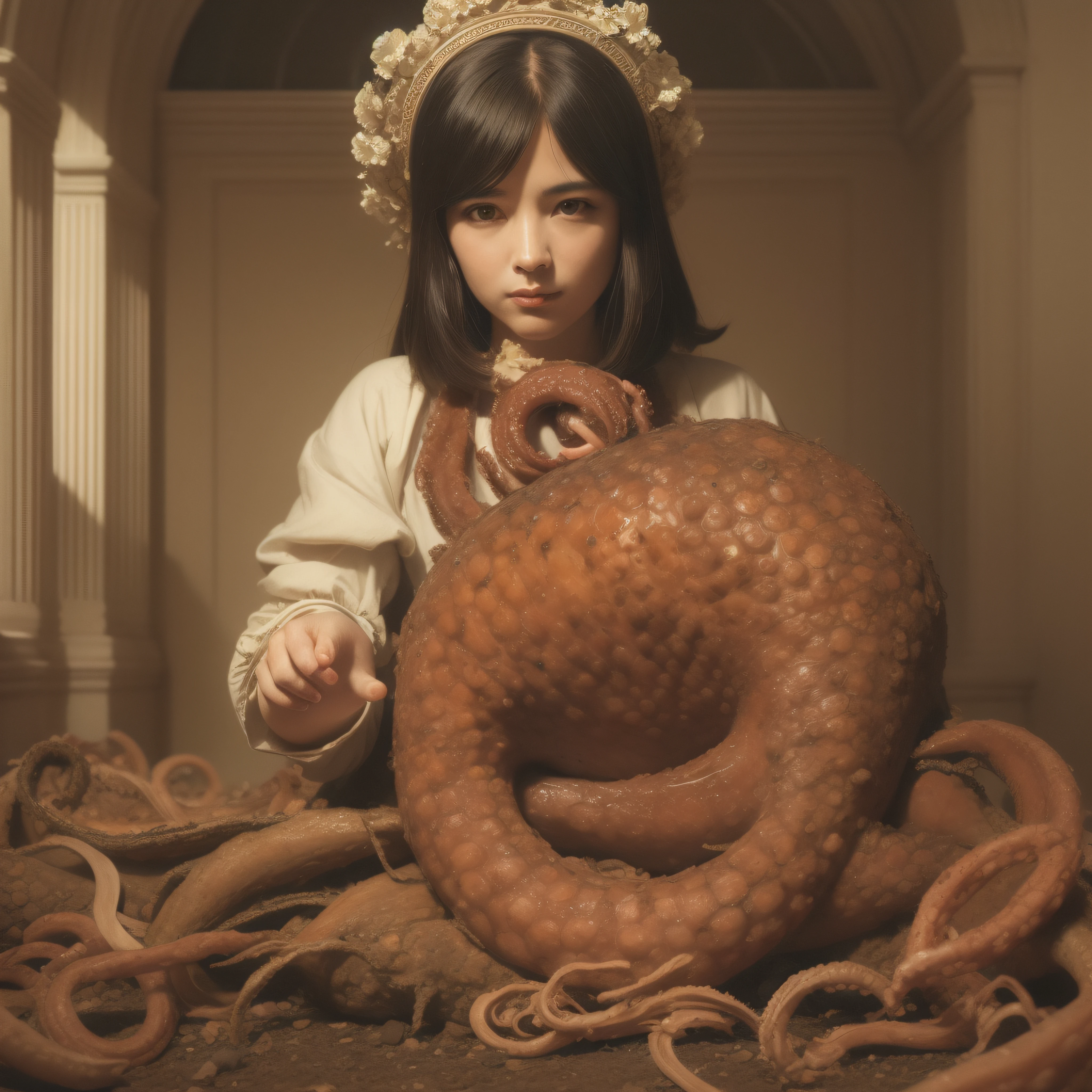 (extremadamente detallado, obra maestra, La mejor calidad), Estilo oscuro, intense illumination. templario. armadura medieval, rostro con arrugas, lengua larga, tentacle, deforme, imagen submarina, pico de pulpo amenazante. manchas de tinta. Rococo composition. Luz de caravaggio