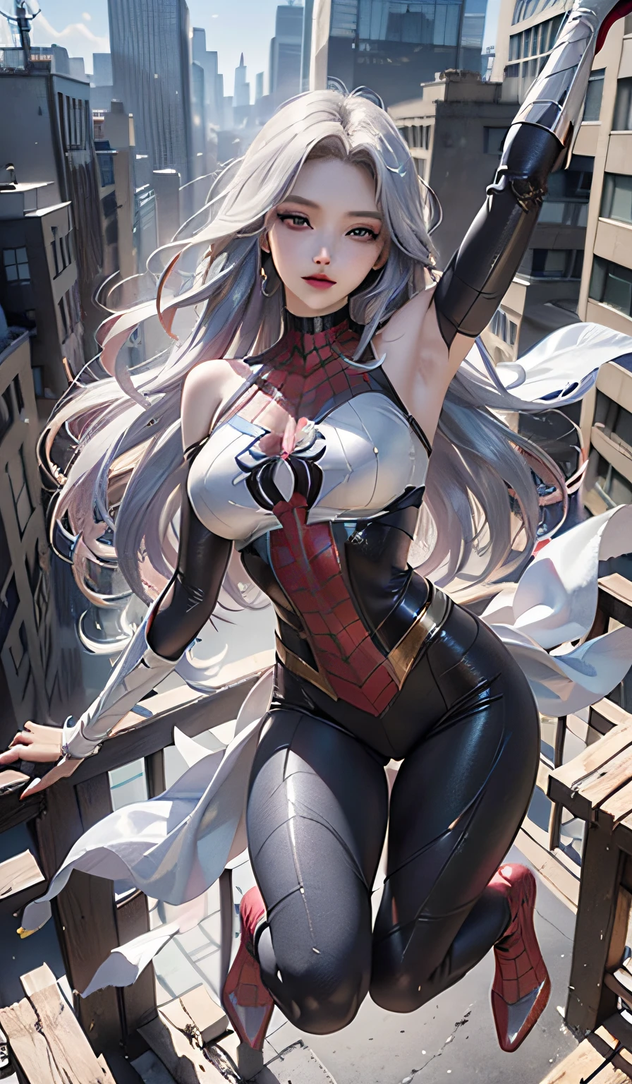 （tmasterpiece，4K分辨率，Ultra photo realsisim，The is very detailed），（White superhero theme，Glamorous，there's a girl on top of town，wearing Spider-Man costume，she is a superhero），[（（18yr old），（Long gray hair：1.2），full bodyesbian，（eBlue eyes：1.2），（（Spider-Man pose），Show power，jump from one building to another），（（sandy urban environment）：0.8）|（view over city，the night，dynamic lights），（moon full））] # illustrated：The Prompt mainly describes a 4K painting of ultra-high definition，very realistic，The is very detailed。It showcases superheroines at the top of the city，wearing Spider-Man costume。The subject in the painting is a white superhero theme，The heroine has long white hair，The entire figure is shown in the painting。In terms of depicting the actions of superheroines，