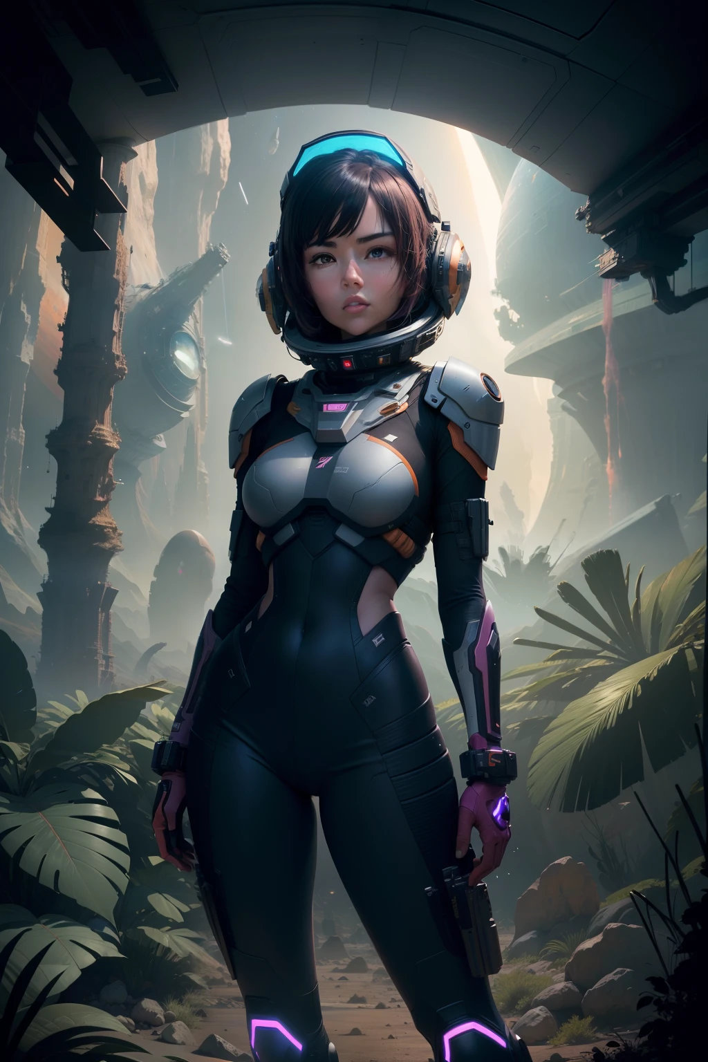 an extreme long shot of an armored female space and planet explorer in an open and large terrain, open terrain of an arid alien world with Saturn like planets visible in the night sky, sci-fi planet-scapes as far as the eye can see satellites spaceships and shooting stars, alien mega city in the distance with spiral buildings reaching to the sky, hyperdetailed photorealistic 24k resolution in the style of Ray Bradberry, orange pink inky black and purple color scheme.