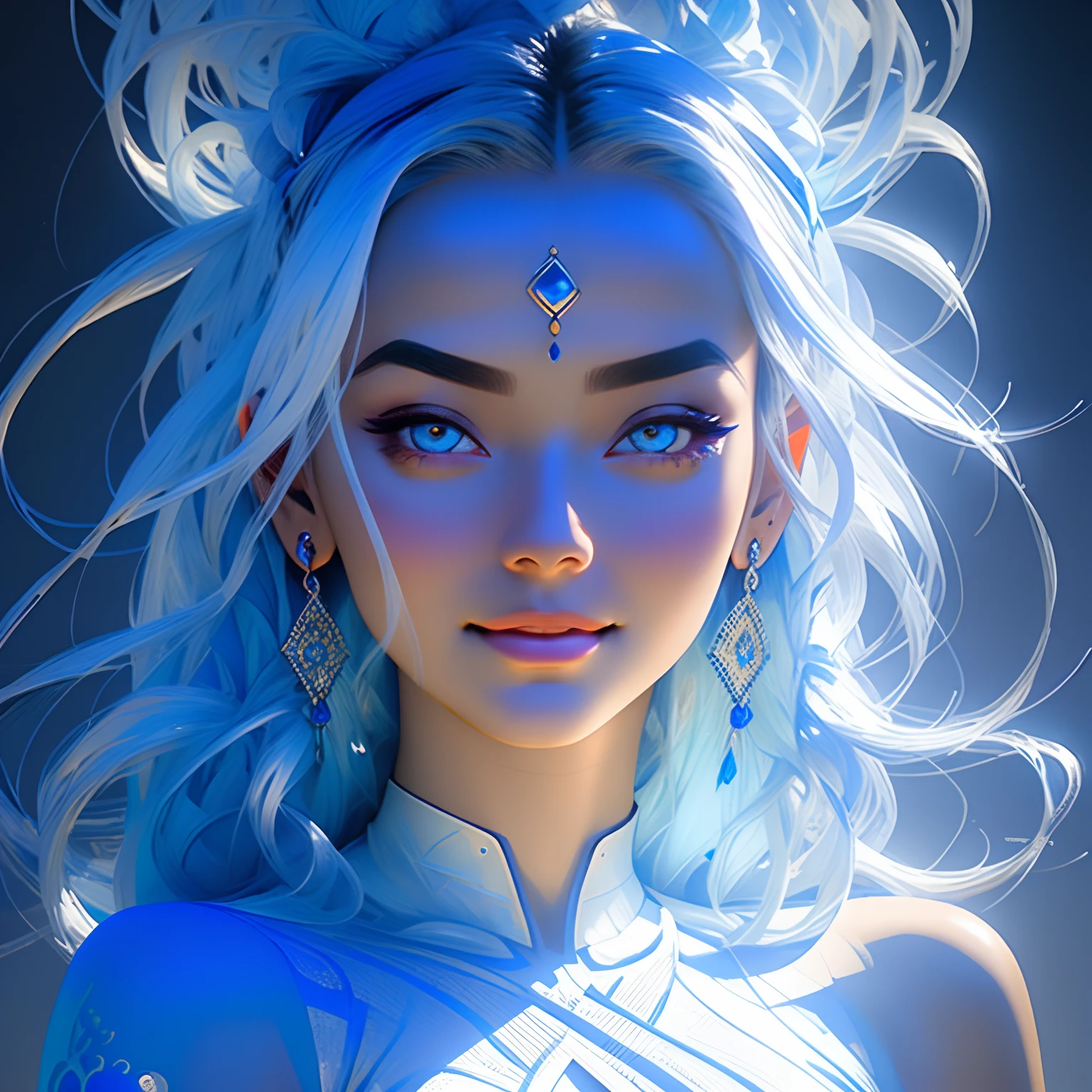 Beautiful goddess with blue skin and cobalt blue hair, tone, full body, looking at the viewer, symmetrical, slight smile, spiritual awakening, intricate details, cosmic, ethereal, mystical, complicated environment, brushstrokes, illuminating lights, masterpiece, ultra high resolution, high quality.