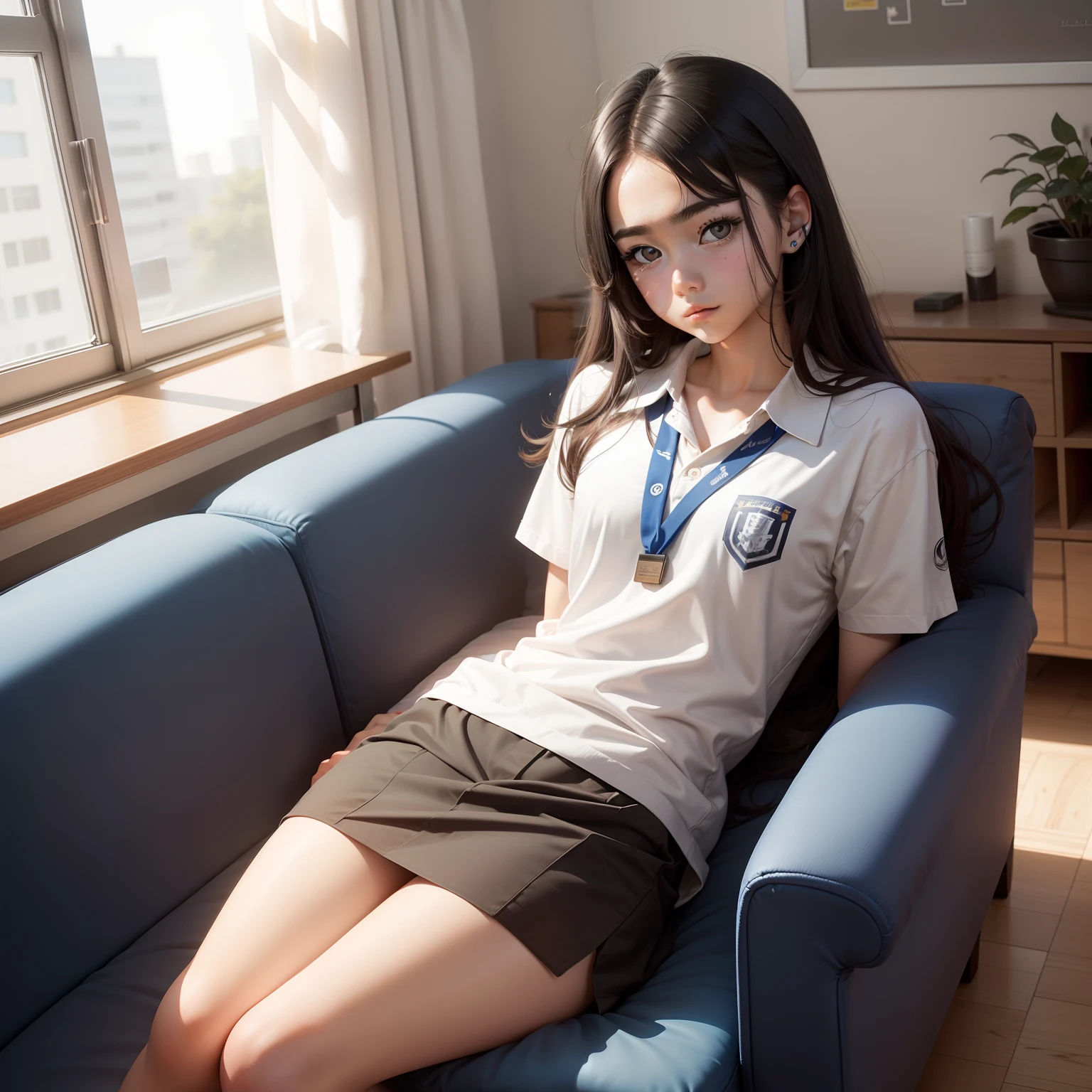 High School Student Man Cool Cute Smart Sitting The room is clean Facing the front High image quality Big eyes Odd Eye Black hair Center parting