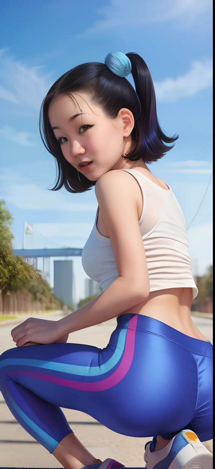 "Amai Liu, Uma obra-prima 8k ultra-detalhada, of better quality and high saturation. The image features an outfit illustration featuring a stunning thick European girl wearing a tight leggings outfit, incluindo camisa aberta apertada, copo F, White sneakers and a blue background."