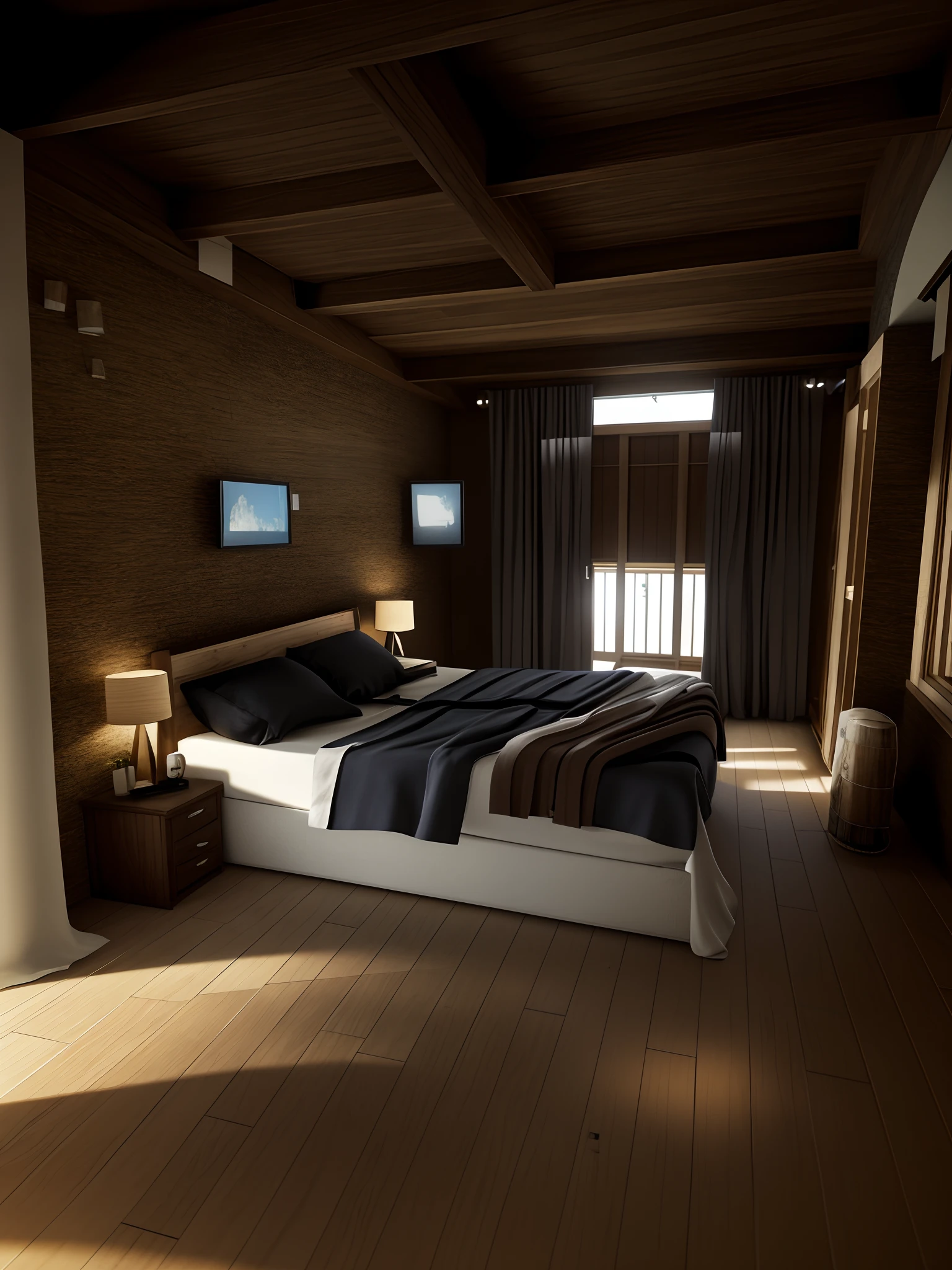 There is a bed in a room with wooden floors, realistic afternoon lighting, volumetric natural light, realistic soft lighting, renderizado em unreal engine 3d, luz natural no quarto, vray renderizado, renderizado em corona, renderizado em vray, renderizado em v-ray, renderizado em irreal, unreal engine realistic render, renderizado no Unreal Engine 3