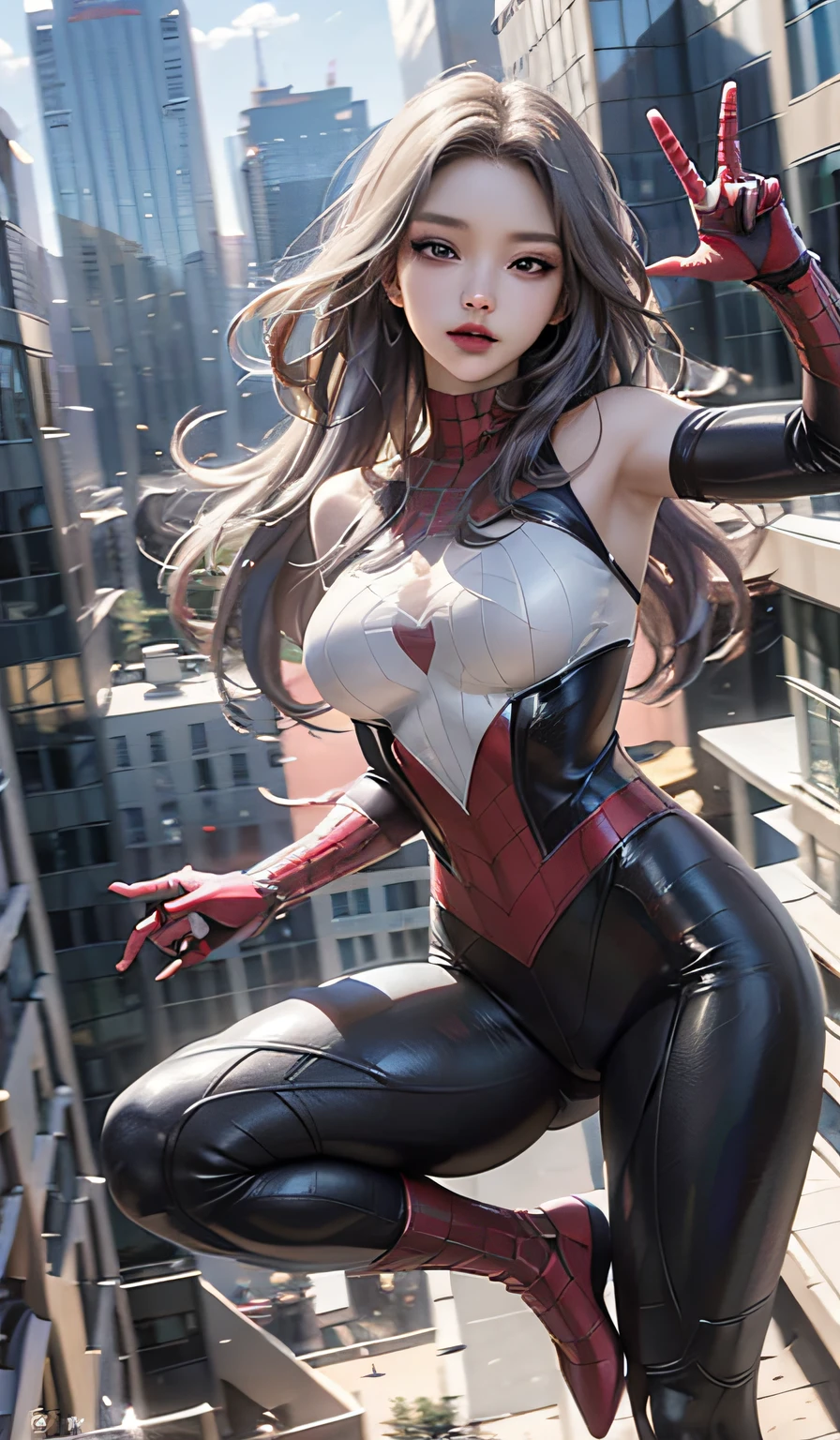 （tmasterpiece，4K分辨率，Ultra photo realsisim，The is very detailed），（White superhero theme，Glamorous，there's a girl on top of town，wearing Spider-Man costume，she is a superhero），[（（18yr old），（Long gray hair：1.2），full bodyesbian，（eBlue eyes：1.2），（（Spider-Man pose），Show power，jump from one building to another），（（sandy urban environment）：0.8）|（view over city，the night，dynamic lights），（moon full））] # illustrated：The Prompt mainly describes a 4K painting of ultra-high definition，very realistic，The is very detailed。It showcases superheroines at the top of the city，wearing Spider-Man costume。The subject in the painting is a white superhero theme，The heroine has long white hair，The entire figure is shown in the painting。In terms of depicting the actions of superheroines，