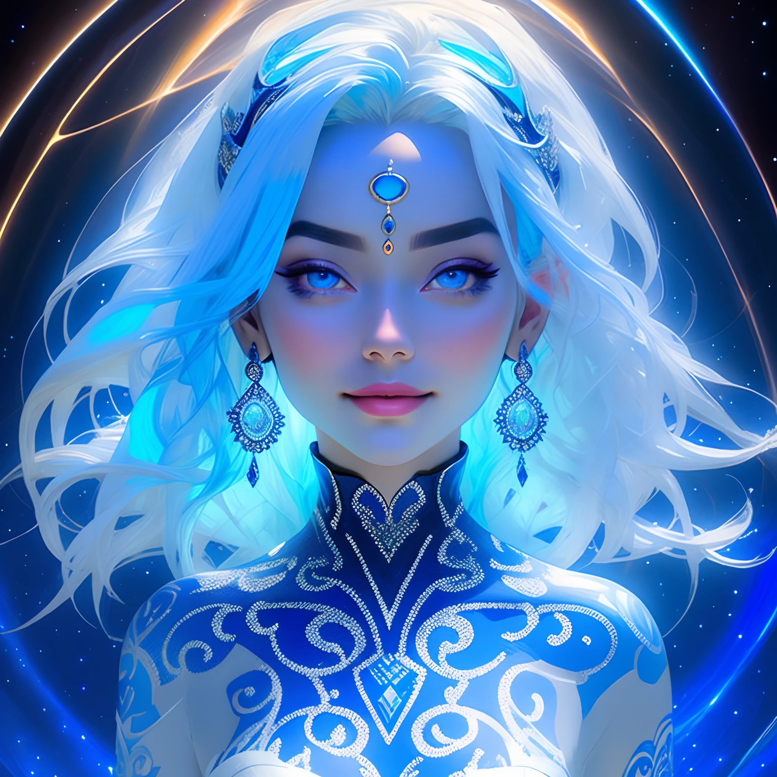 Beautiful goddess with blue skin and cobalt blue hair, tone, full body, looking at the viewer, symmetrical, slight smile, spiritual awakening, intricate details, cosmic, ethereal, mystical, complicated environment, brushstrokes, illuminating lights, masterpiece, ultra high resolution, high quality.