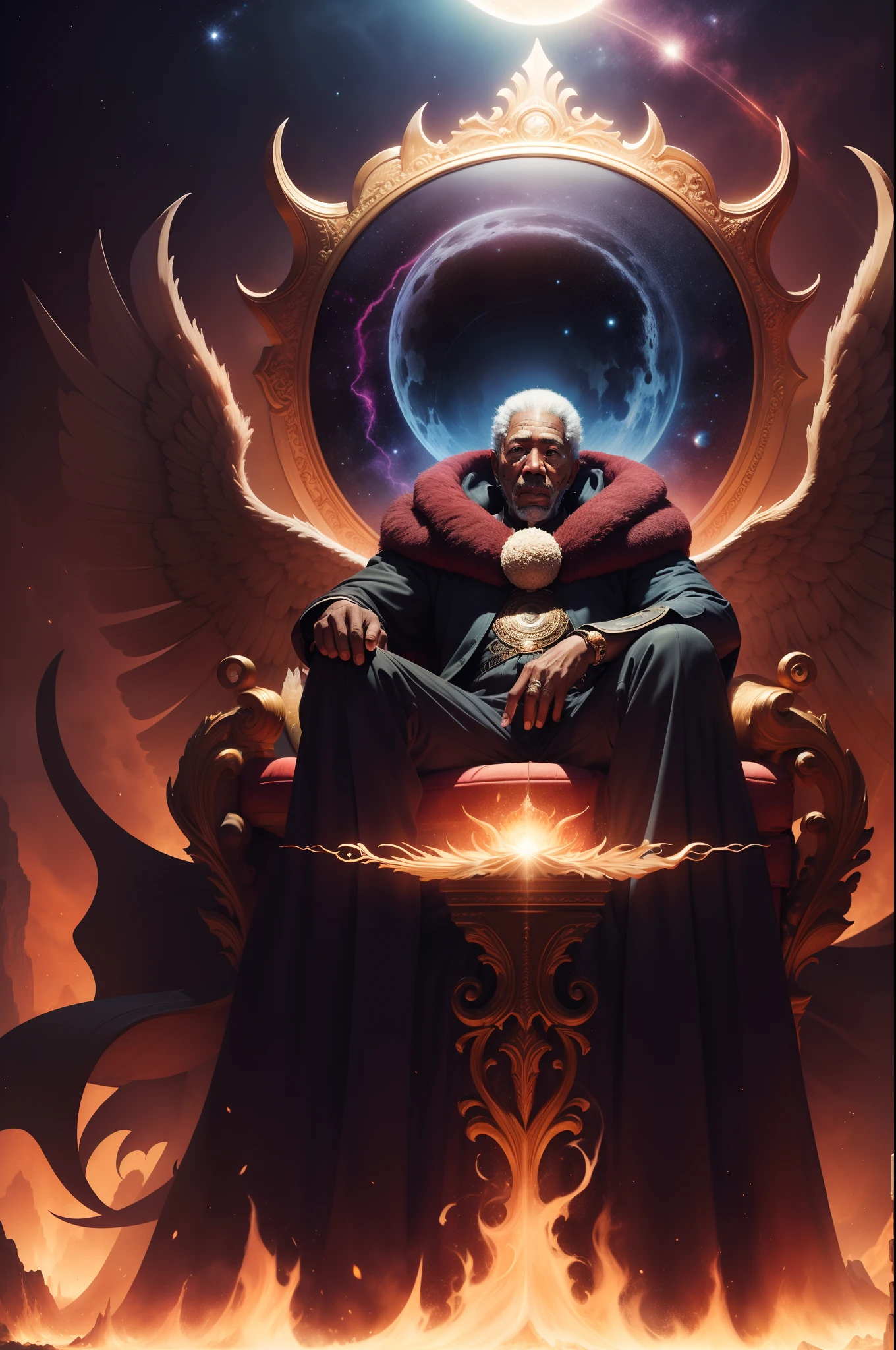 "A portrait of Morgan Freeman in the form of a mythical god. Retrate-o segurando o sol e a lua, envolto por uma aura radiante. Place them on a magnificent throne amid a cosmic backdrop."