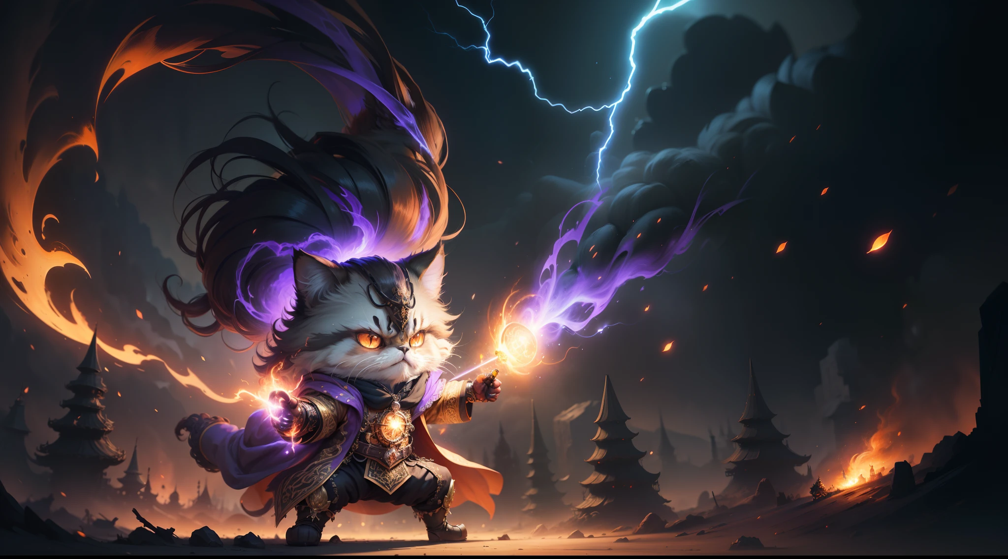 persian cat Anthropomorphic, steampunk ,, , (extremely intricate robes, magical robes orange and purple) , ,, , highest quality,, very angry face, body fitness, full body, long hair with braids , in forest , casting lightning, electricity, swirling fire, radiating power, sparks, smoke, magic, ((dramatic)), epic, battlefield, depth of field, bokeh, 4k, gothic, ember, particles