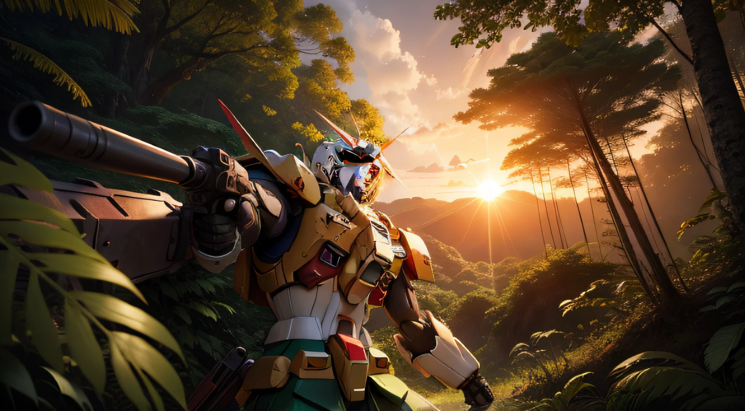 Battle damage Gundam,rainforests,the setting sun,shock,