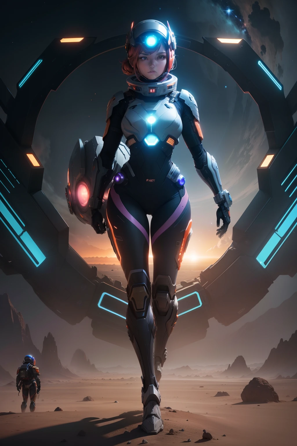 an extreme long shot of an armored female space and planet explorer in an open and large terrain, open terrain of an arid alien world with Saturn like planets visible in the night sky, sci-fi planet-scapes as far as the eye can see satellites spaceships and shooting stars, alien mega city in the distance with spiral buildings reaching to the sky, hyperdetailed photorealistic 24k resolution in the style of Ray Bradberry, orange pink inky black and purple color scheme.
